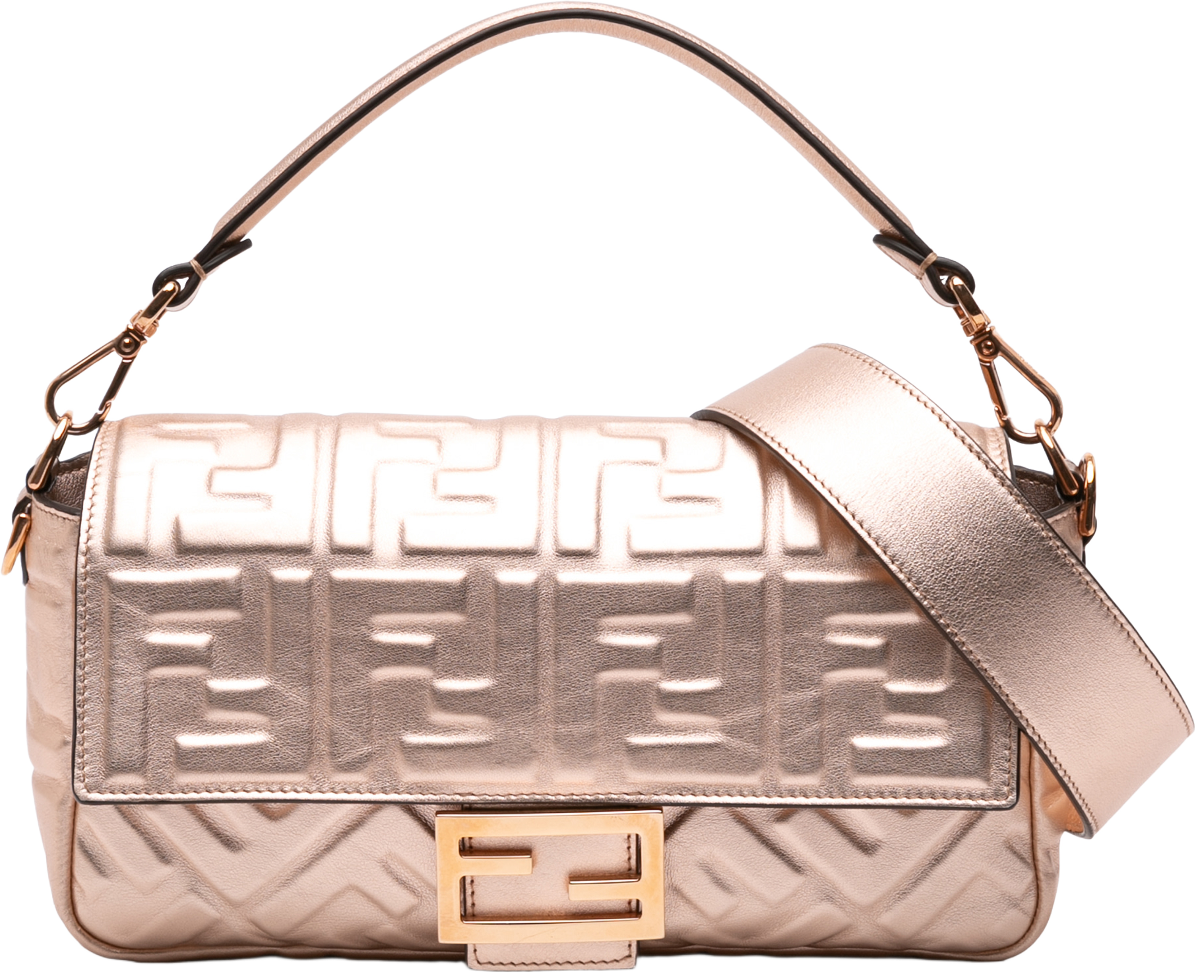 Fendi Zucca Embossed Leather Baguette Satchel, från Luxclusif, i färgen gold. Klicka för att öppna bilden i stort format