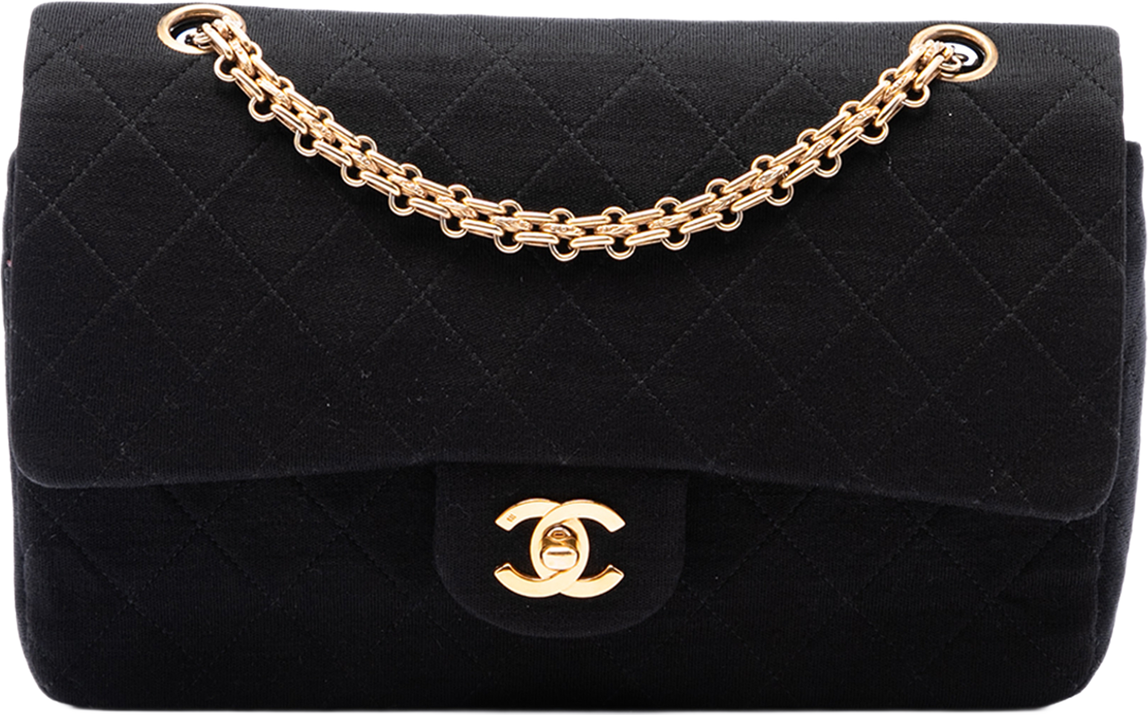 Chanel Medium Classic Jersey Bijoux Chain Double Flap, från Luxclusif, i färgen svart. Klicka för att öppna bilden i stort format