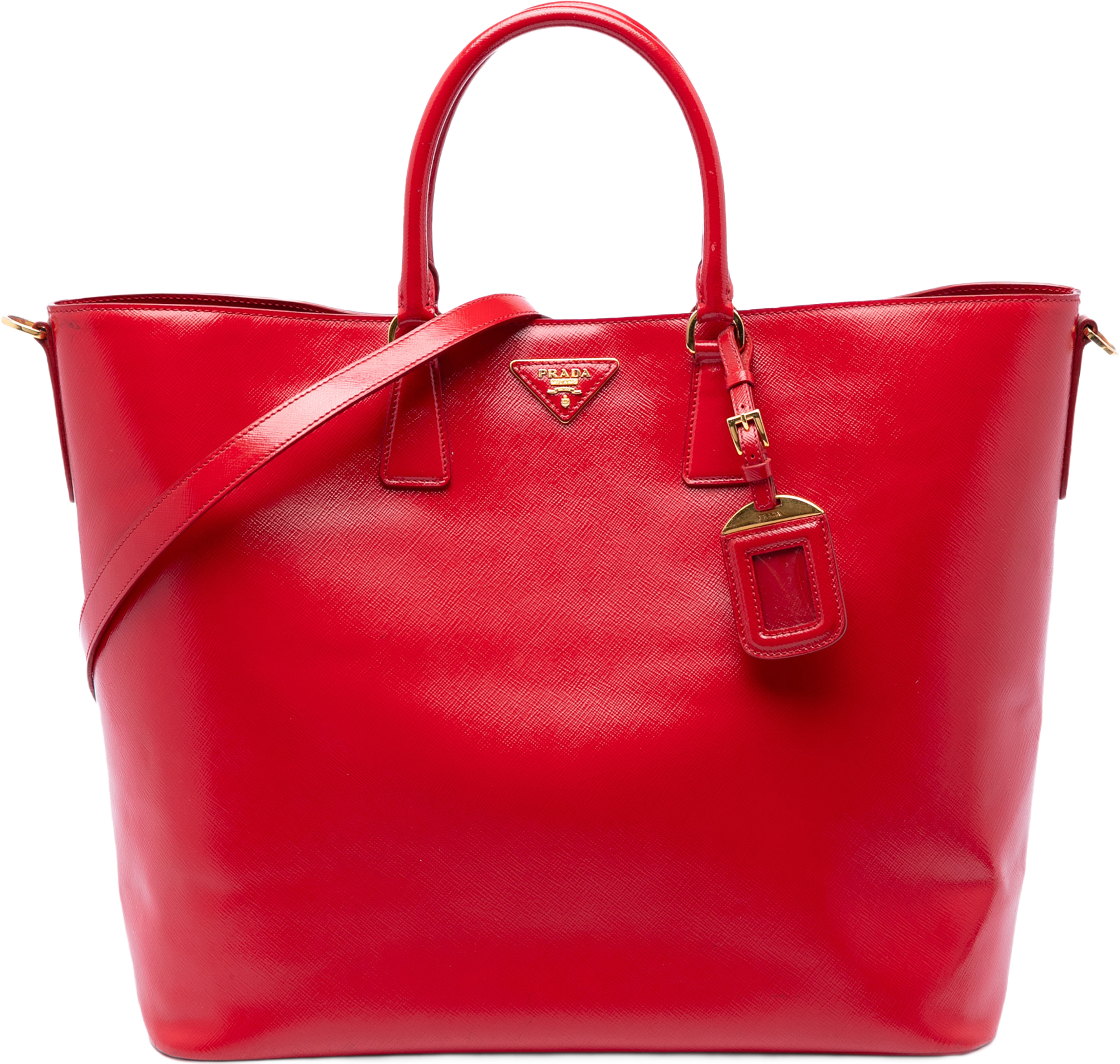 Prada Saffiano Vernice Convertible Tote, från Luxclusif, i färgen röd. Klicka för att öppna bilden i stort format