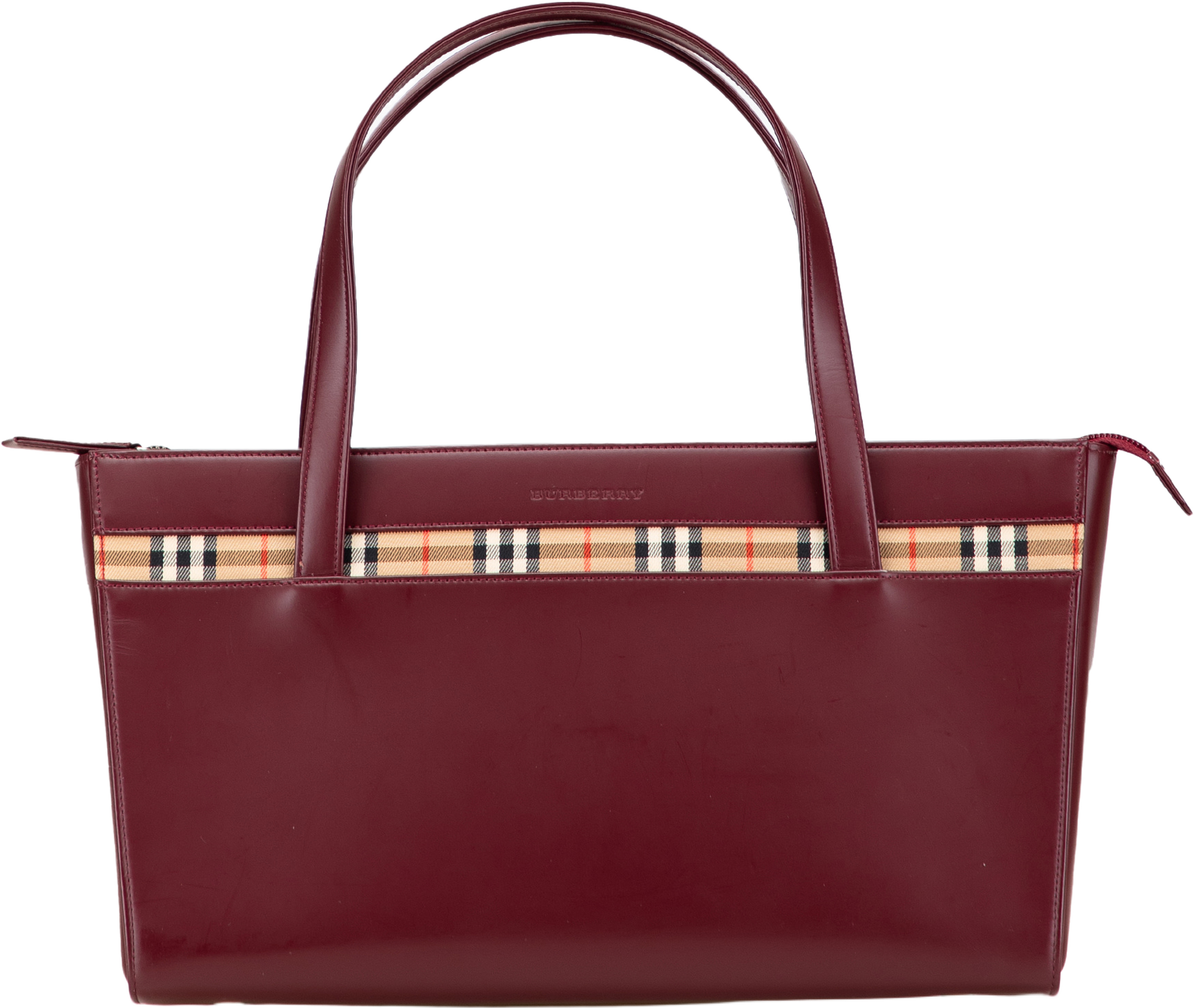 Burberry House Check Trimmed Leather Handbag, från Luxclusif, i färgen bordeaux. Klicka för att öppna bilden i stort format
