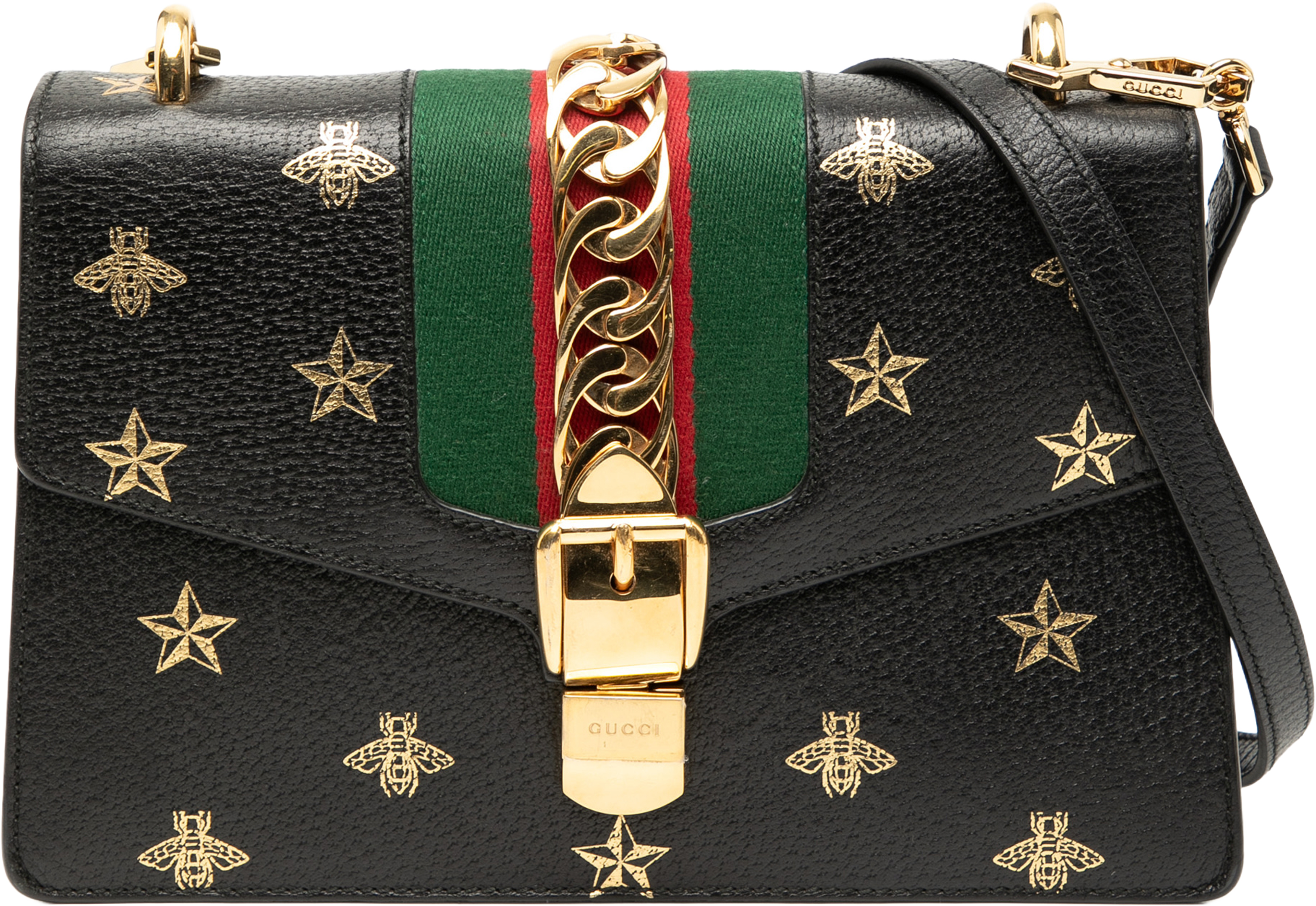 Gucci Small Leather Bee Star Sylvie Satchel, från Luxclusif, i färgen black. Klicka för att öppna bilden i stort format