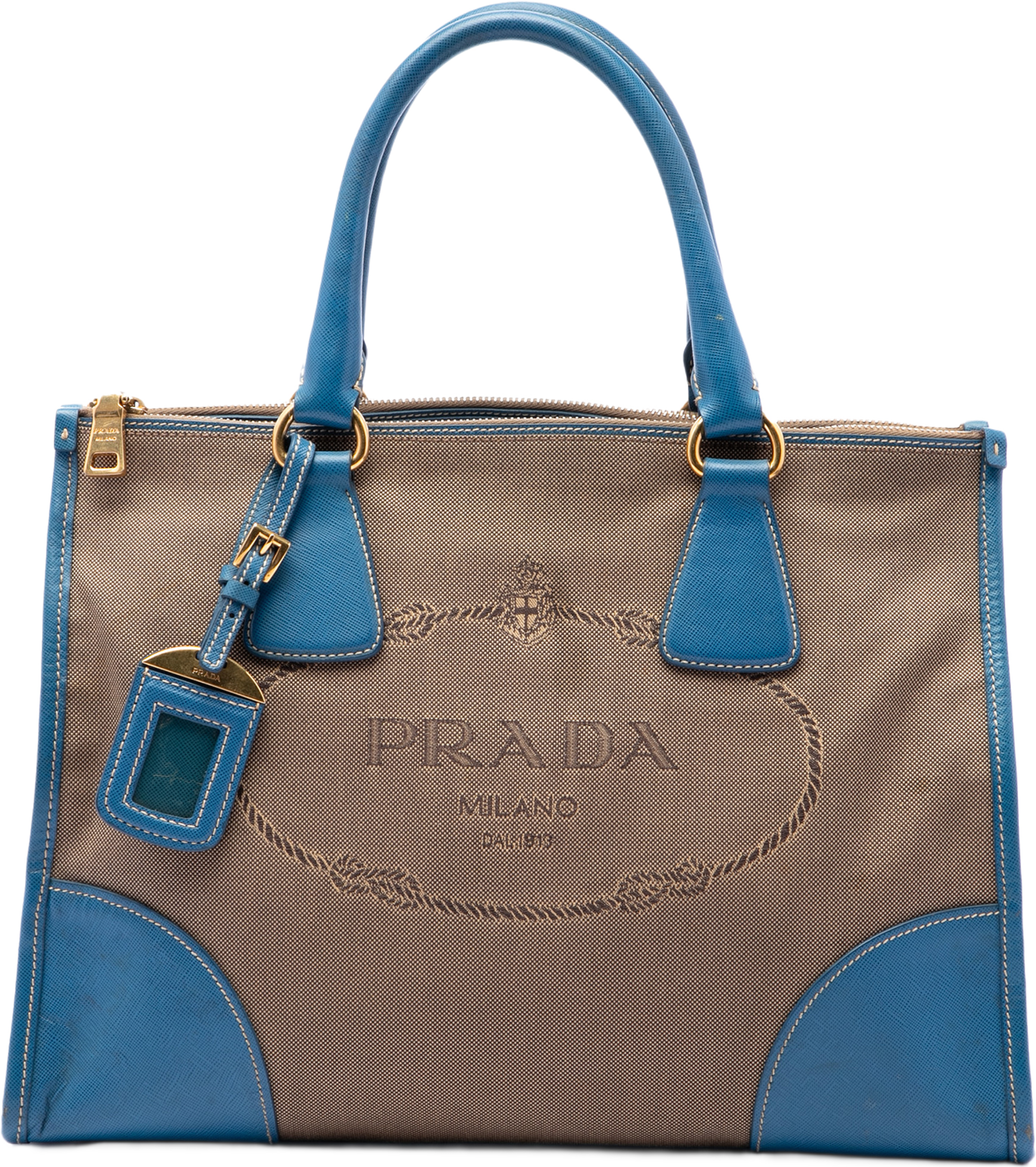 Prada Saffiano Trimmed Canvas Canapa Logo Double Zip Satchel, från Luxclusif, i färgen brun. Klicka för att öppna bilden i stort format