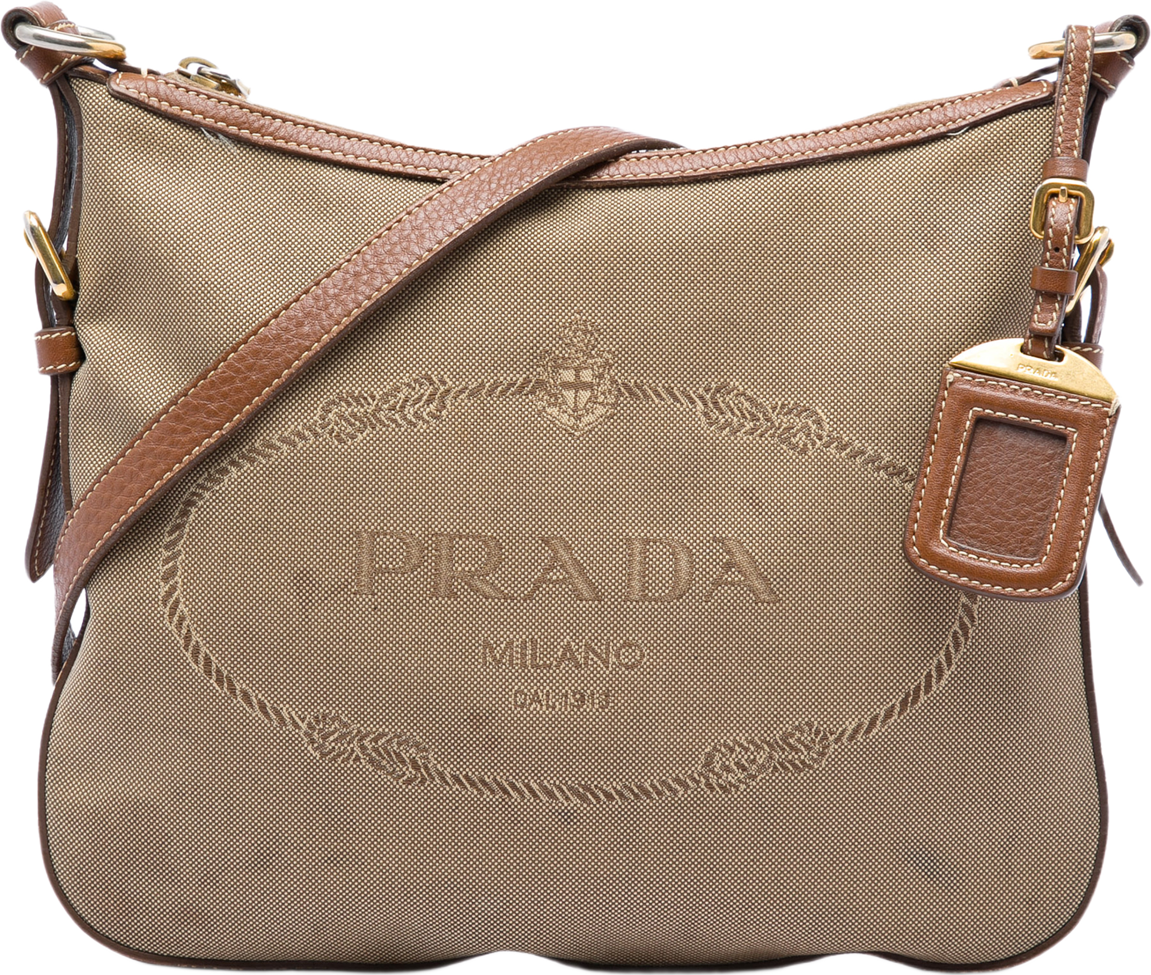 Prada Canvas Canapa Logo Crossbody, från Luxclusif, i färgen beige. Klicka för att öppna bilden i stort format