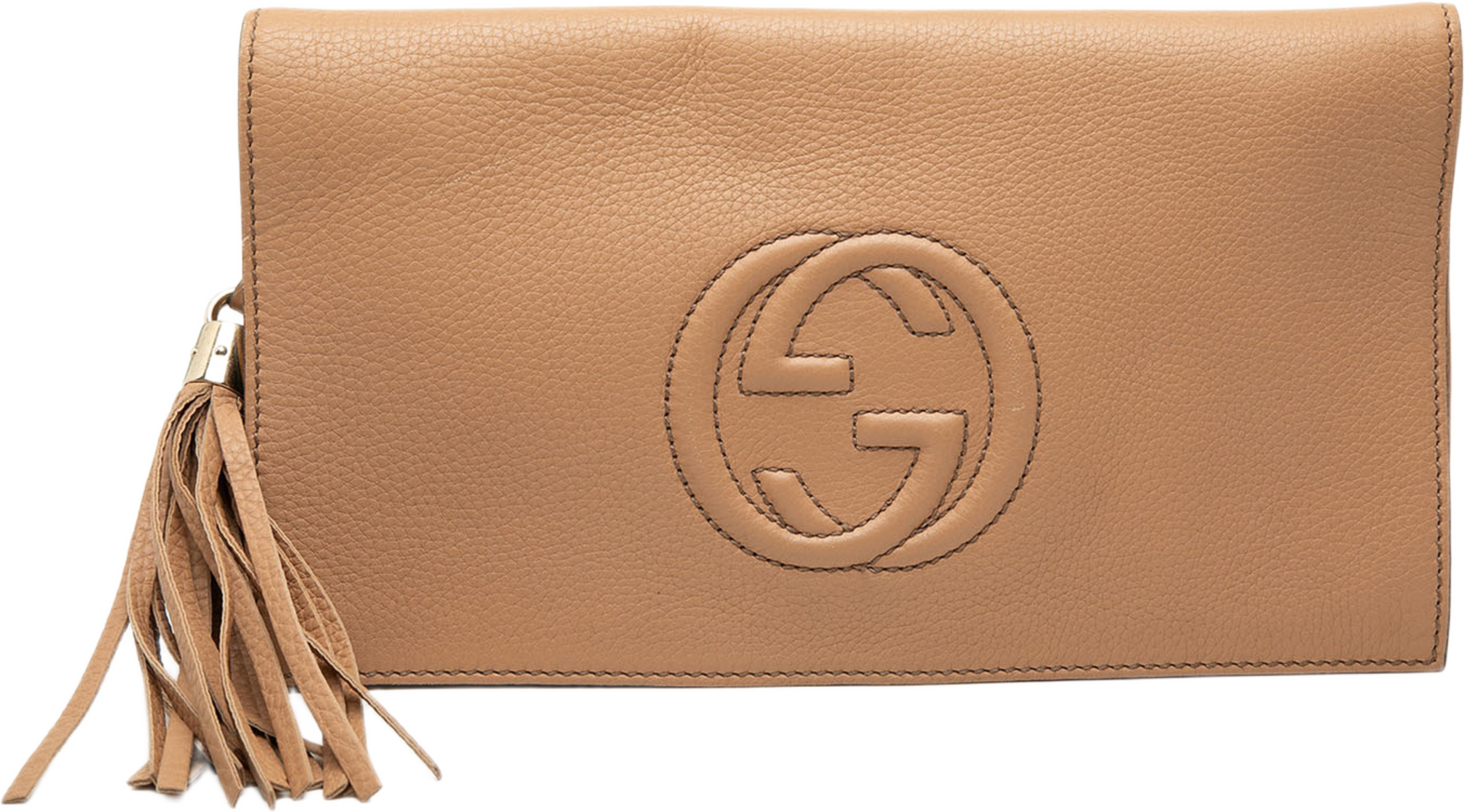 Gucci Calfskin Soho Disco Clutch, från Luxclusif, i färgen brun. Klicka för att öppna bilden i stort format