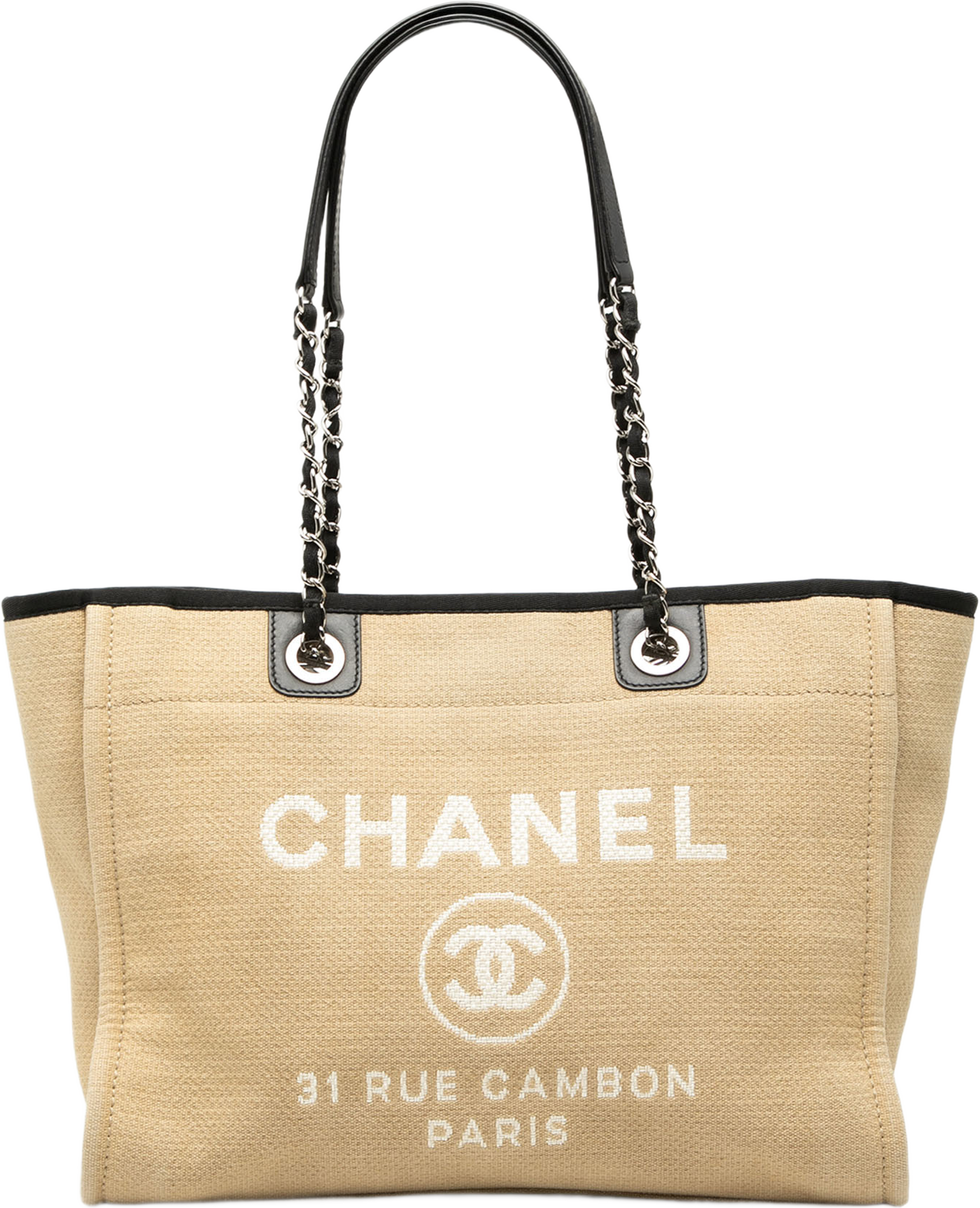 Chanel Small Canvas Deauville Tote, från Luxclusif, i färgen light brown. Klicka för att öppna bilden i stort format