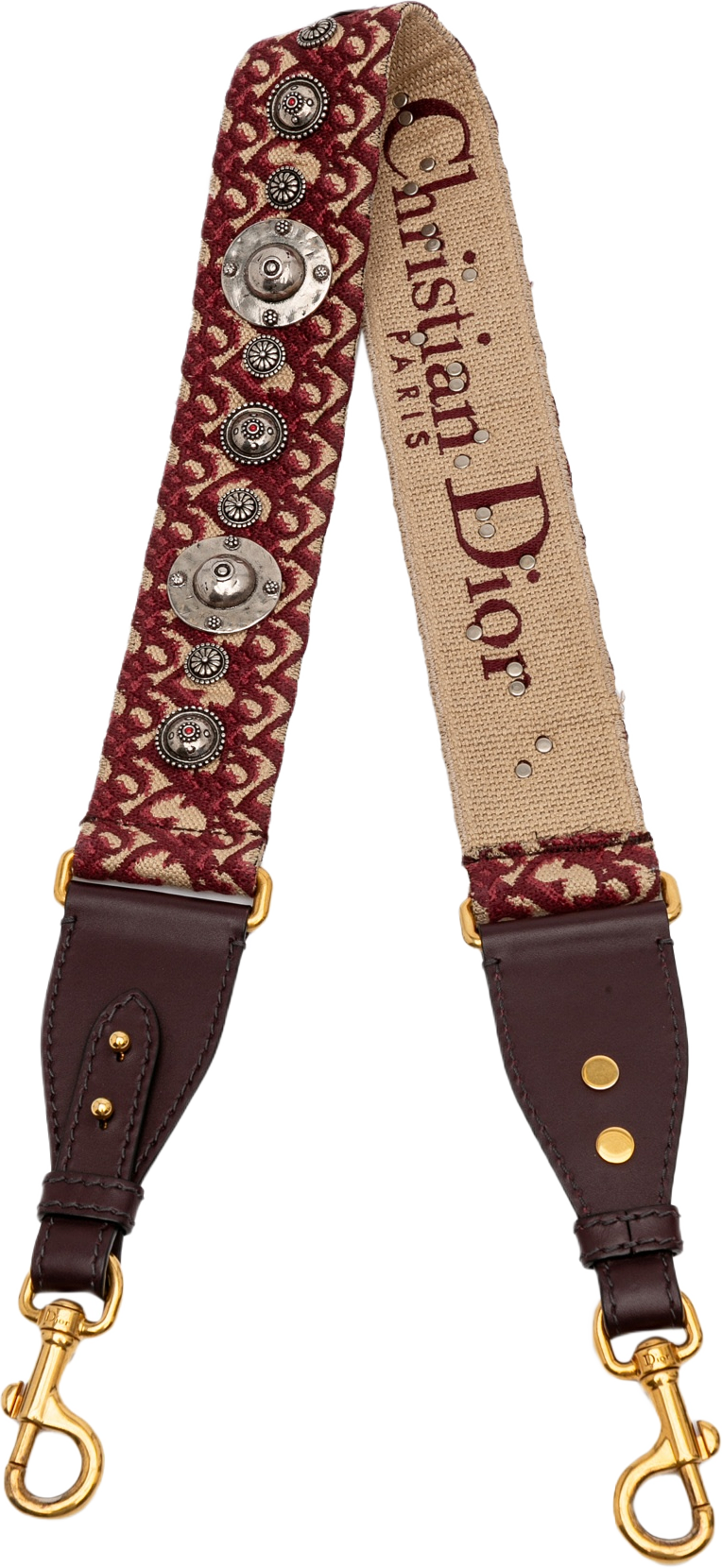 Dior Studded Oblique Canvas Bag Strap, från Luxclusif, i färgen dark red. Klicka för att öppna bilden i stort format