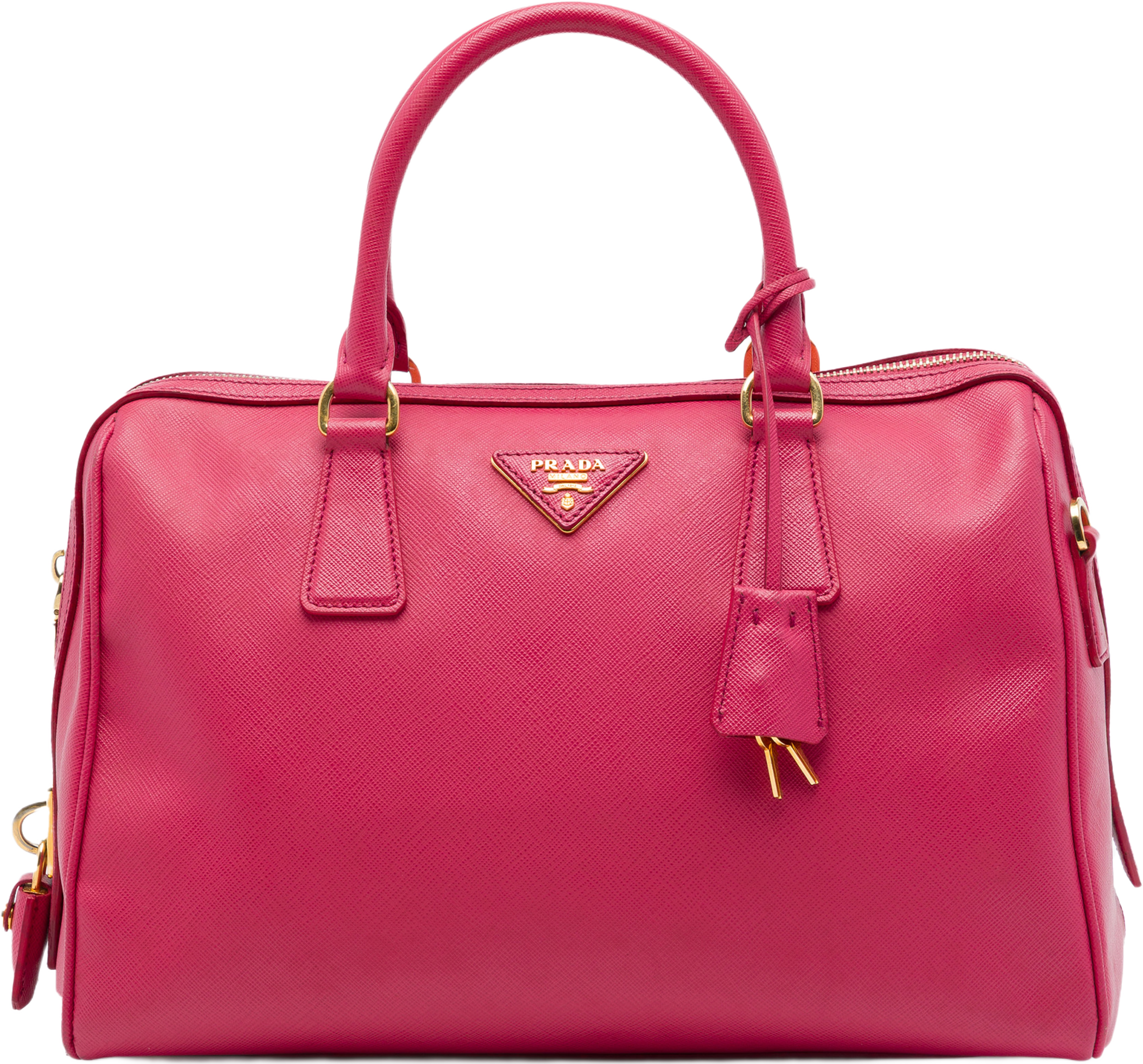Prada Saffiano Lux Convertible Bowler Bag, från Luxclusif, i färgen rosa. Klicka för att öppna bilden i stort format