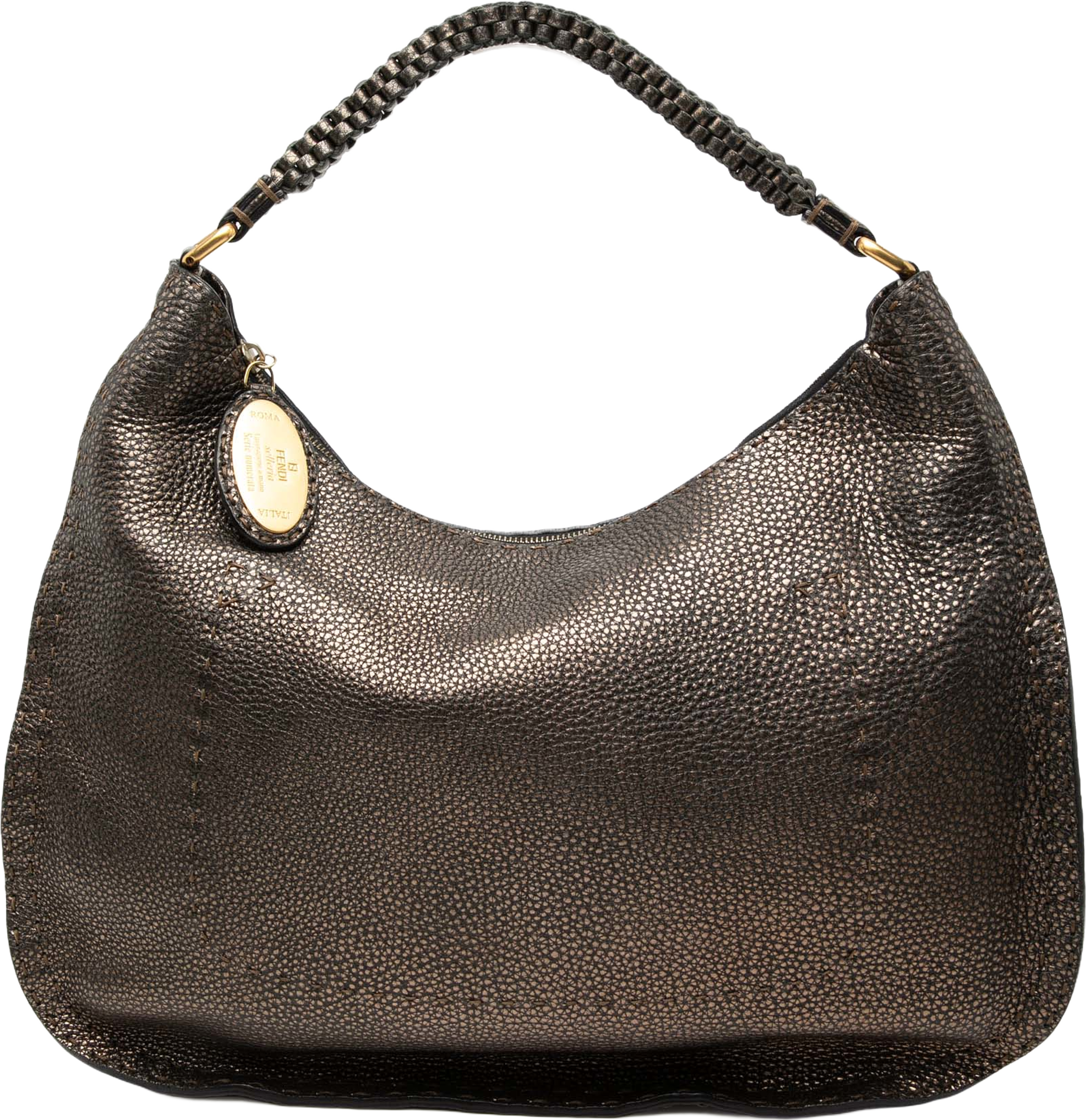 Fendi Metallic Pebbled Leather Selleria Shoulder Bag, från Luxclusif, i färgen bronze. Klicka för att öppna bilden i stort format