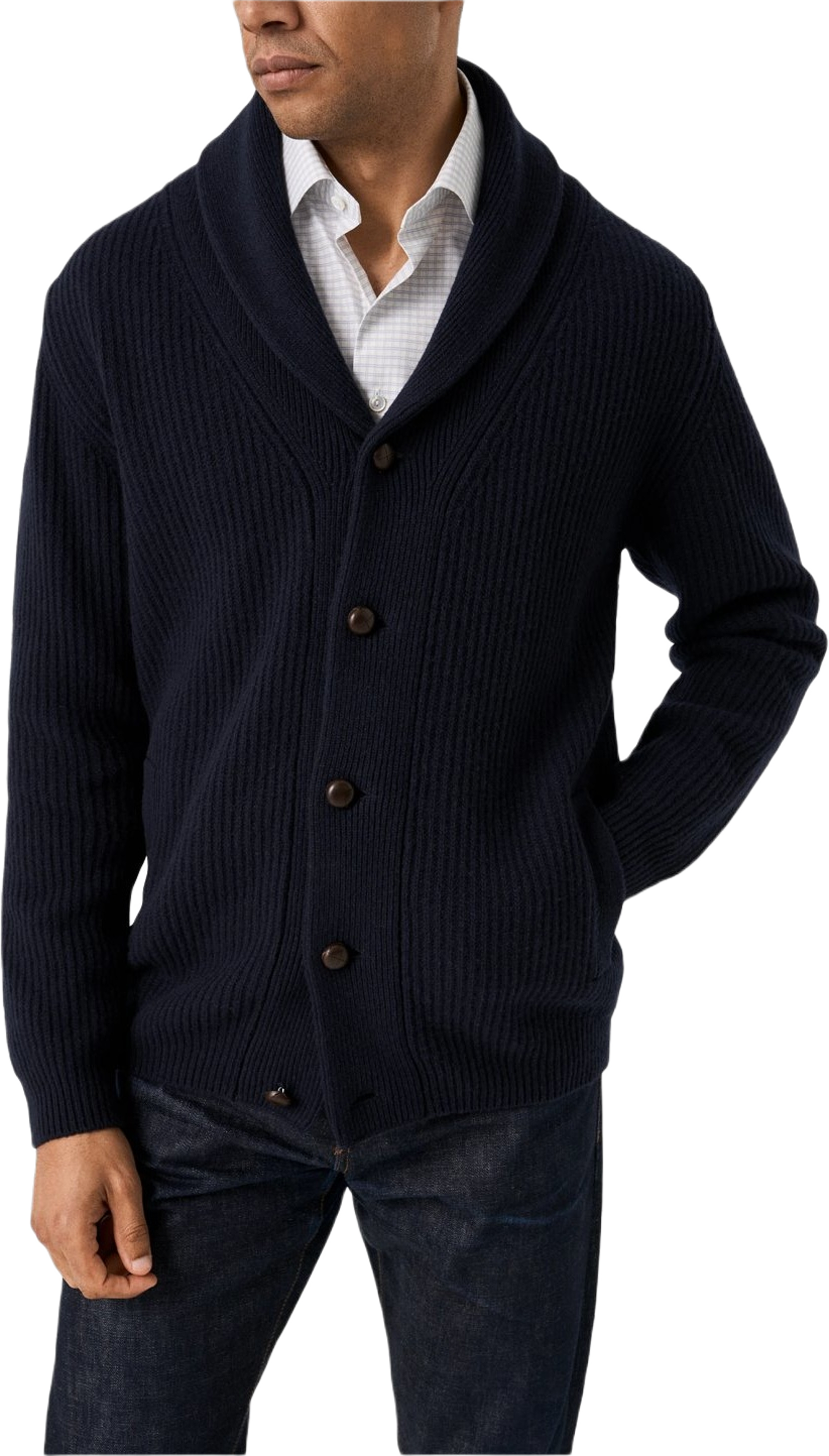 Stickad Cardigan Med Shawl-krage, från Eton, i färgen navy blue. Klicka för att öppna bilden i stort format