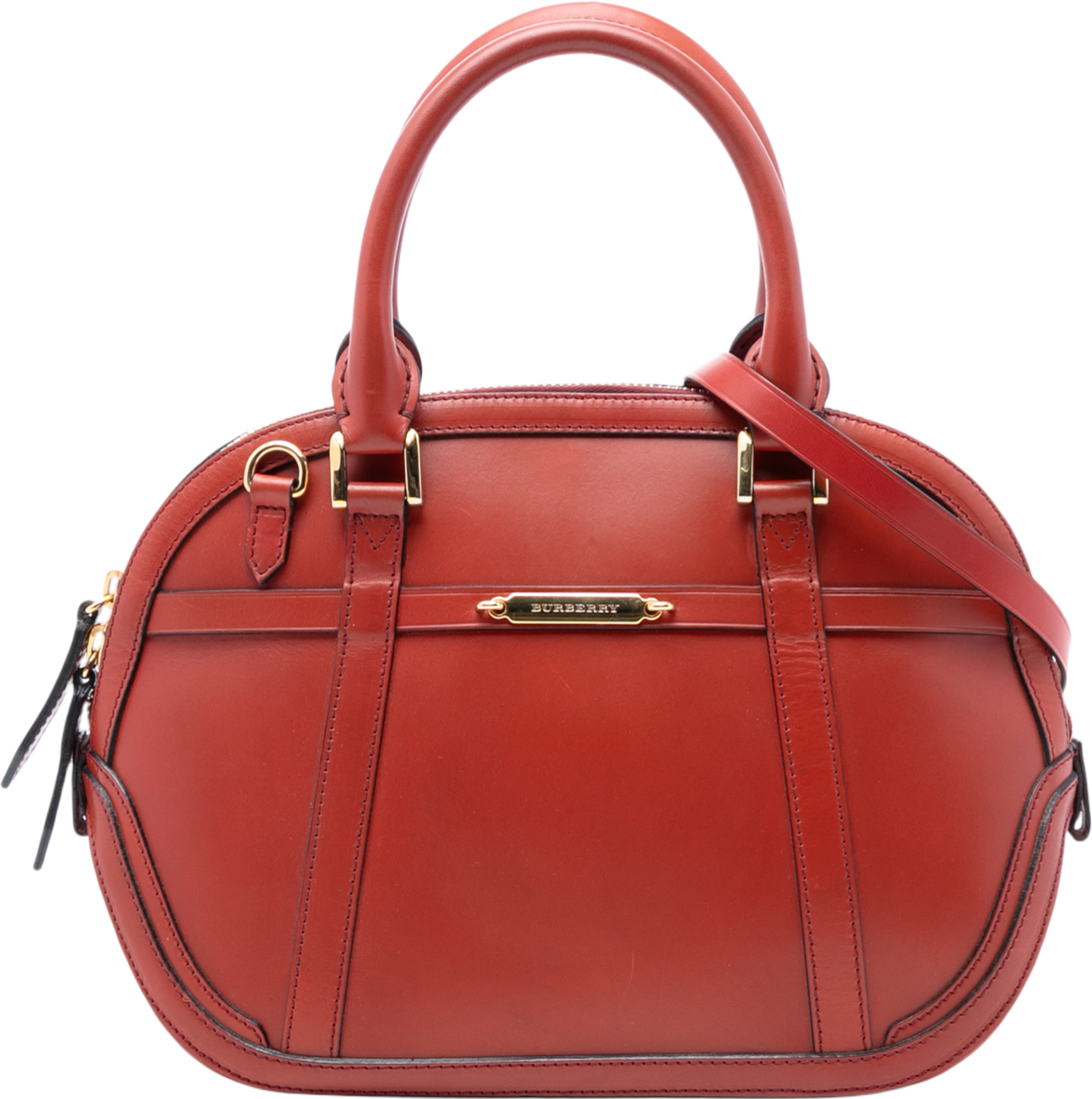 Burberry Small Calfskin Bridle Orchard Satchel, från Luxclusif, i färgen red. Klicka för att öppna bilden i stort format
