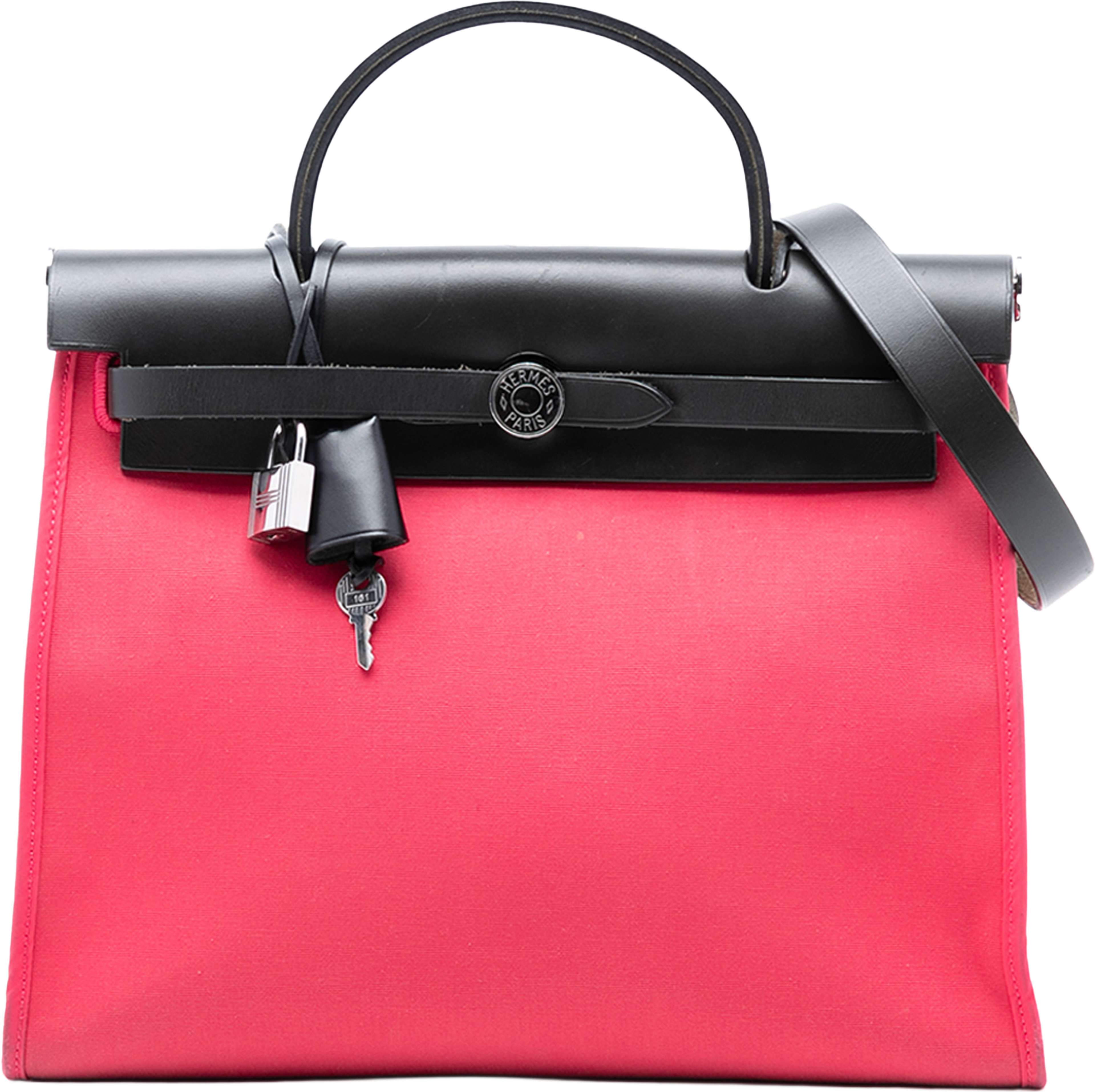 Hermès Toile Herbag Zip 31, från Luxclusif, i färgen dark pink. Klicka för att öppna bilden i stort format