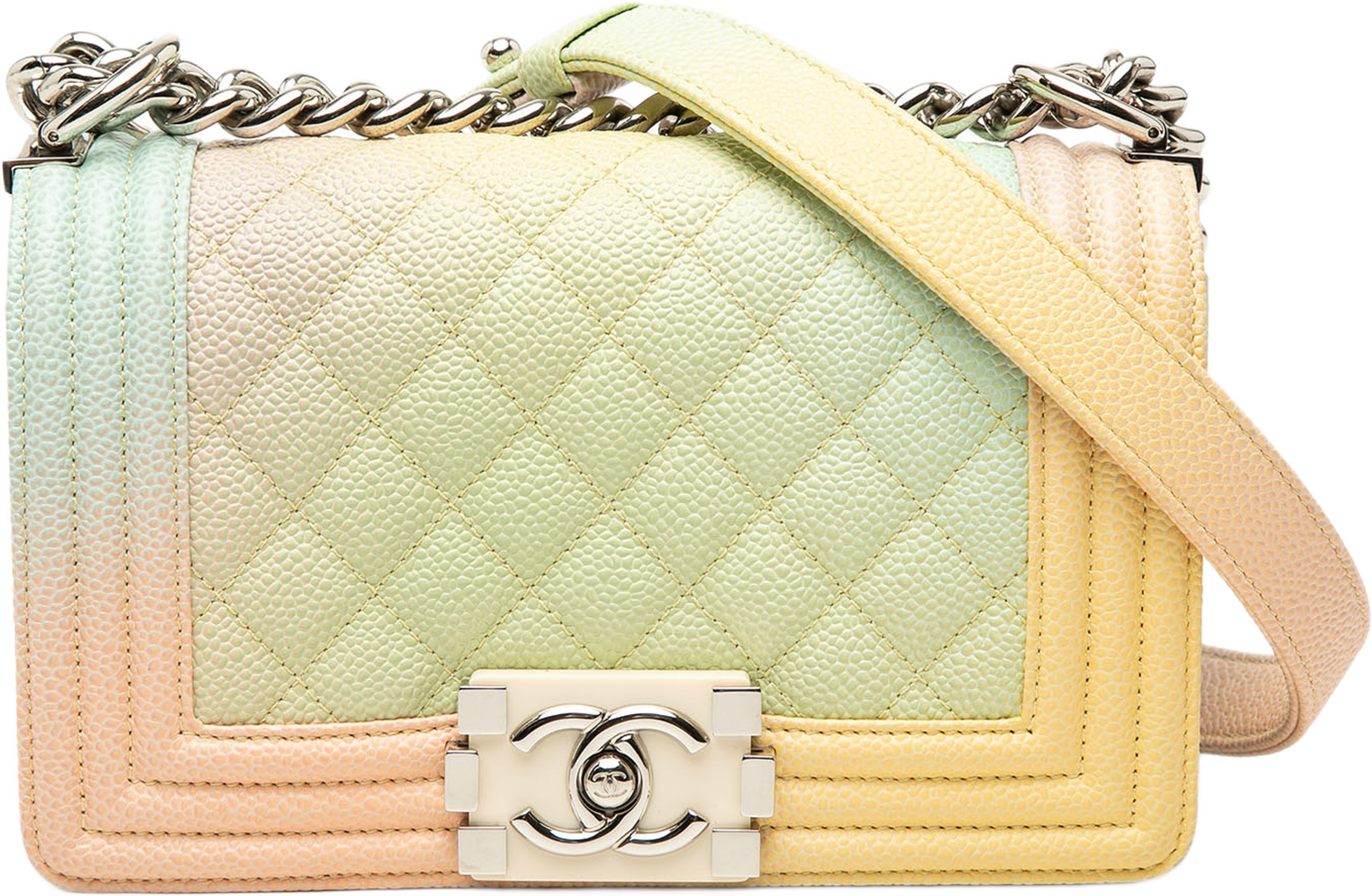 Chanel Small Quilted Caviar Rainbow Boy Flap, från Luxclusif, i färgen grön. Klicka för att öppna bilden i stort format