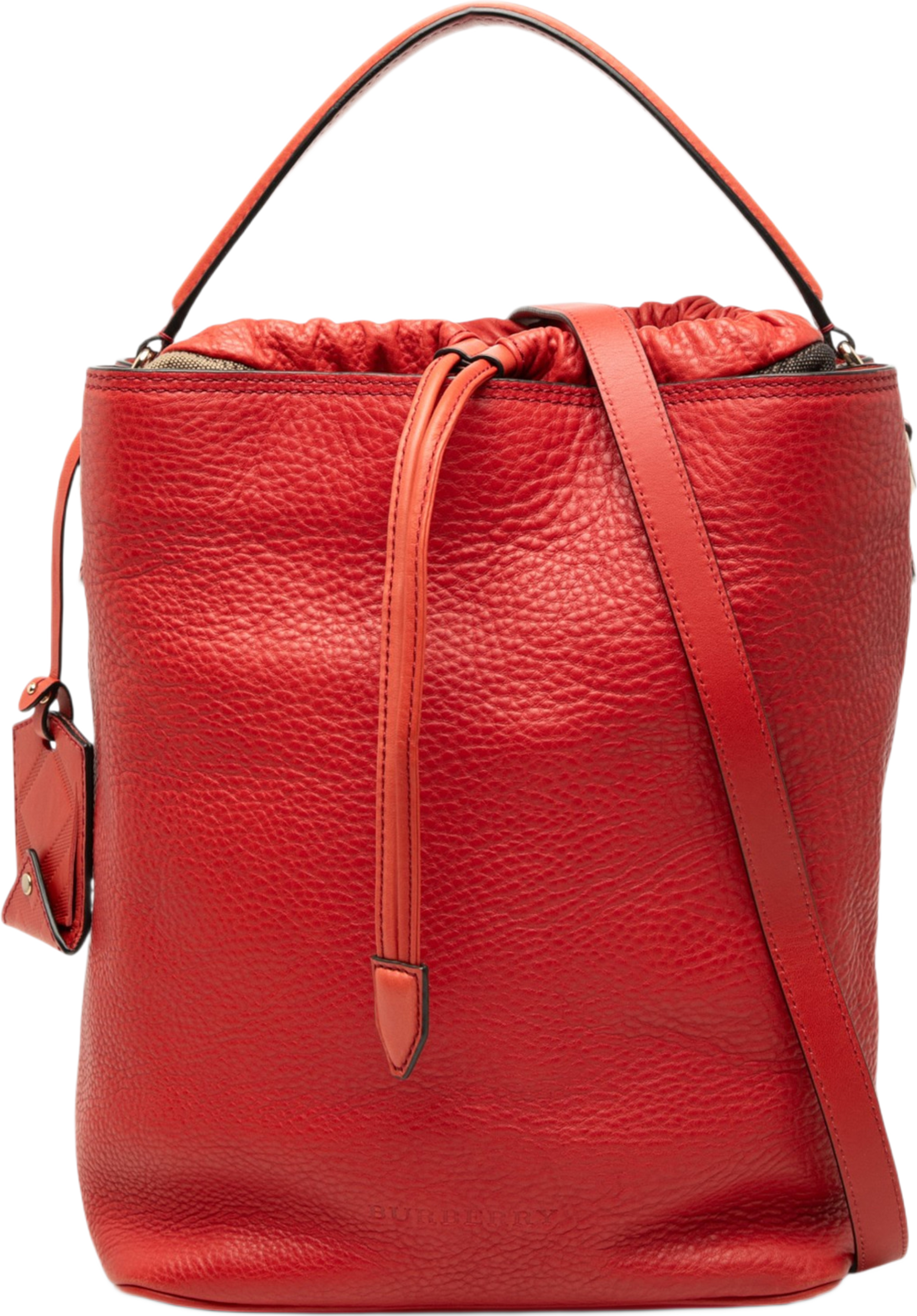 Burberry House Check Canvas And Calfskin Ashby Bucket Bag, från Luxclusif, i färgen röd. Klicka för att öppna bilden i stort format