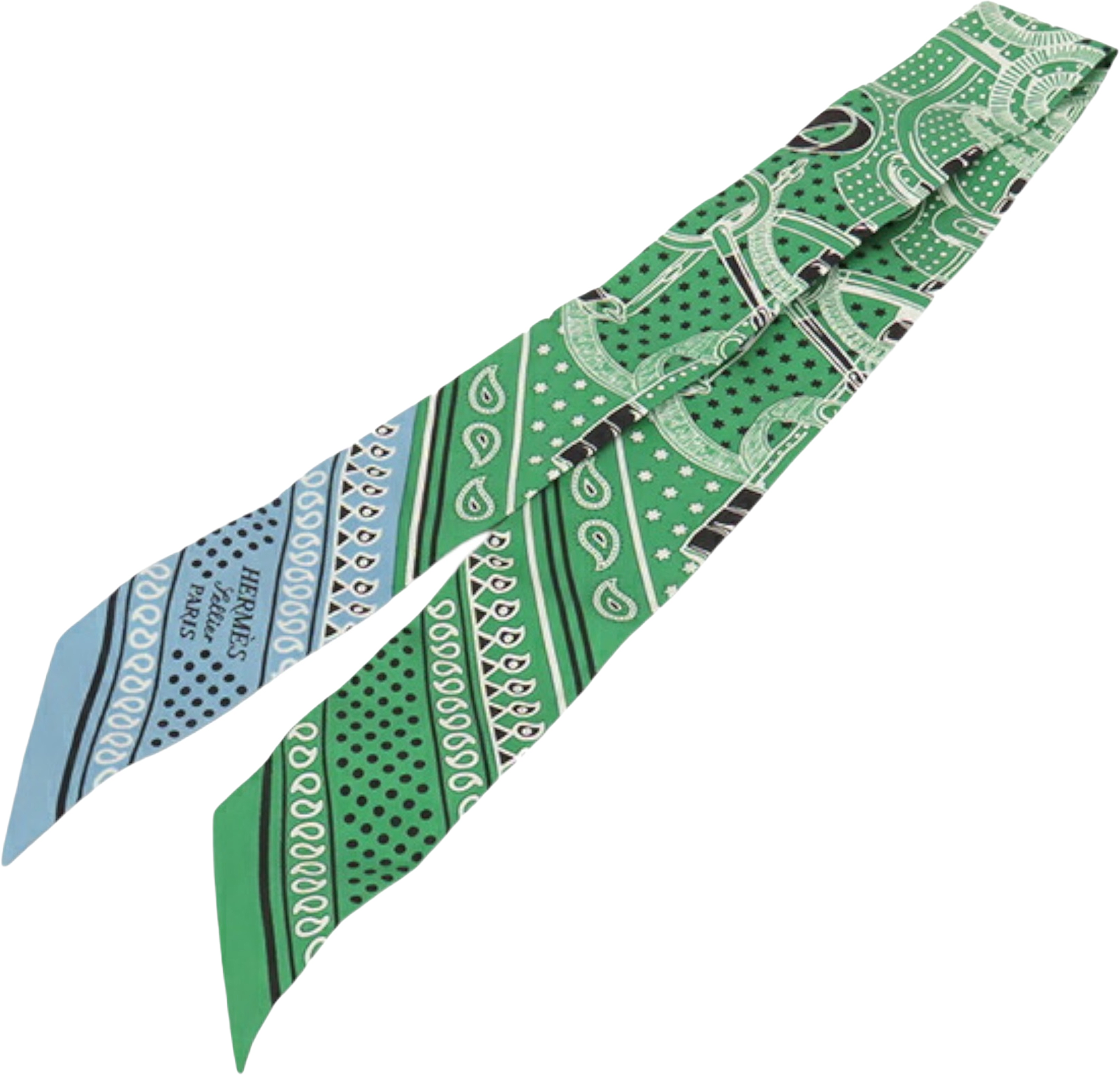 Hermès Eperon D'or Bandana Silk Twilly Scarf, från Luxclusif, i färgen green. Klicka för att öppna bilden i stort format