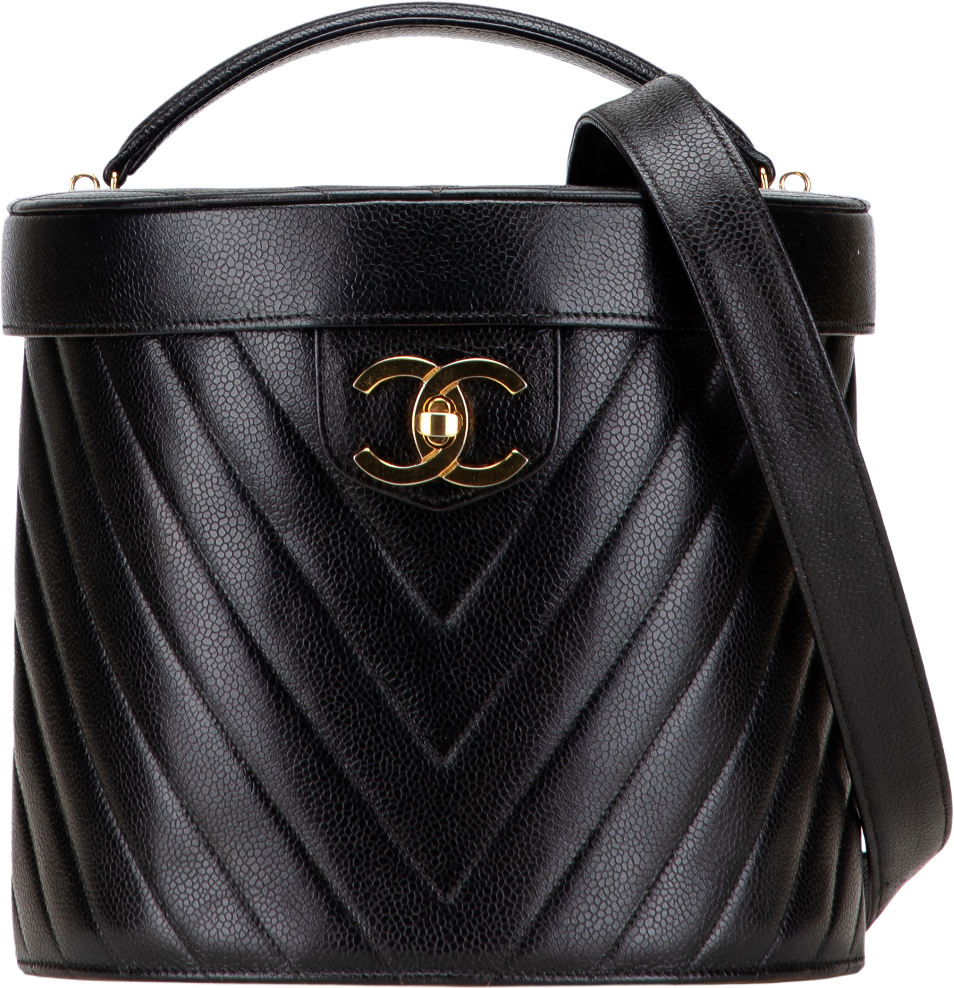 Chanel Cc Chevron Caviar Turnlock Vanity Bag, från Luxclusif, i färgen black. Klicka för att öppna bilden i stort format