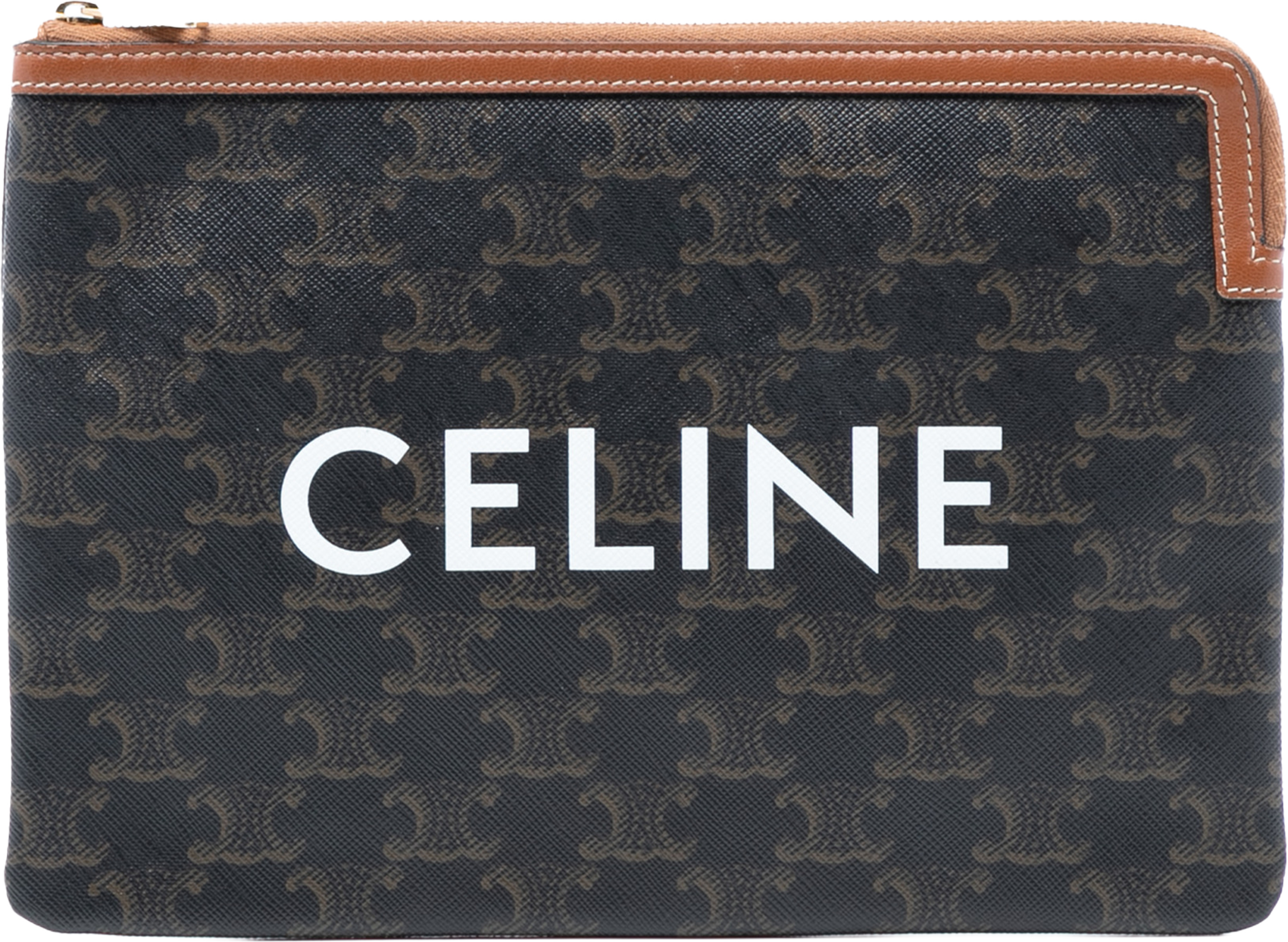 Celine Small Triomphe Coated Canvas Clutch, från Luxclusif, i färgen dark brown. Klicka för att öppna bilden i stort format