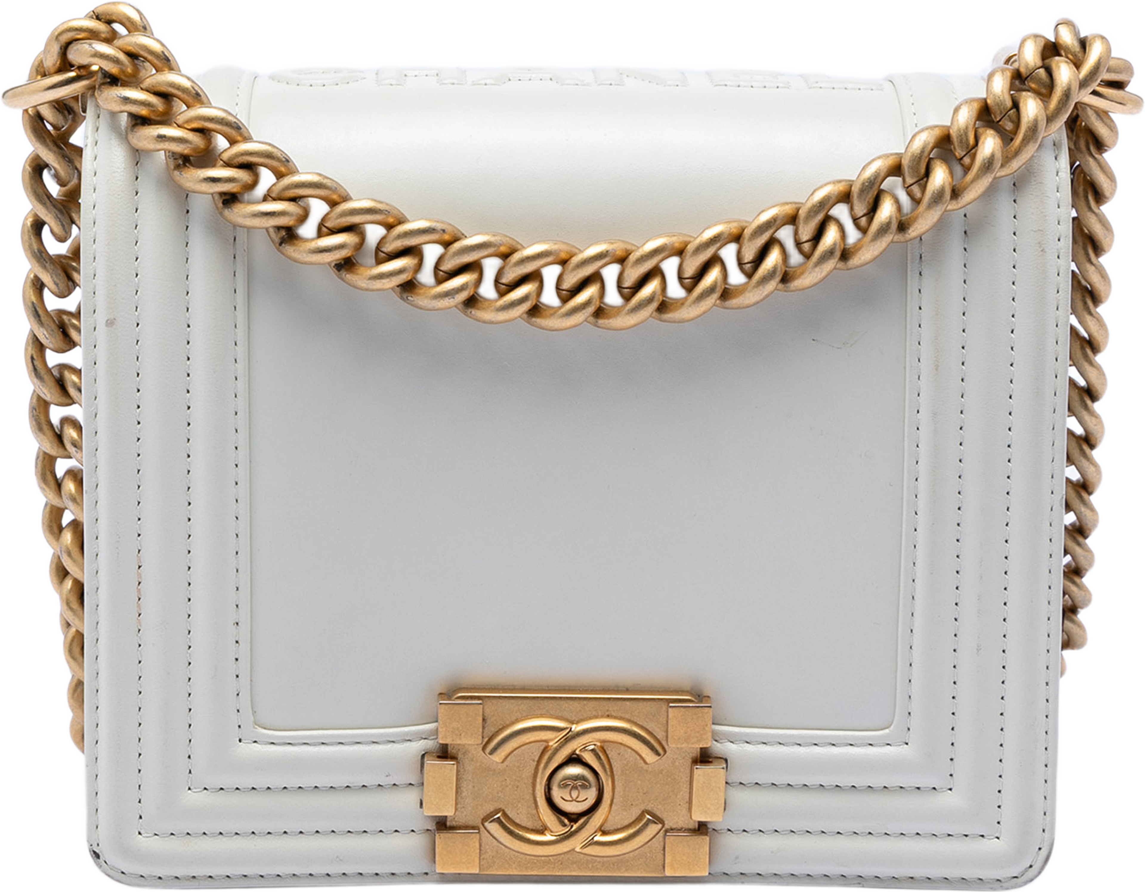 Chanel Square Calfskin Boy Reverso Flap, från Luxclusif, i färgen ivory. Klicka för att öppna bilden i stort format