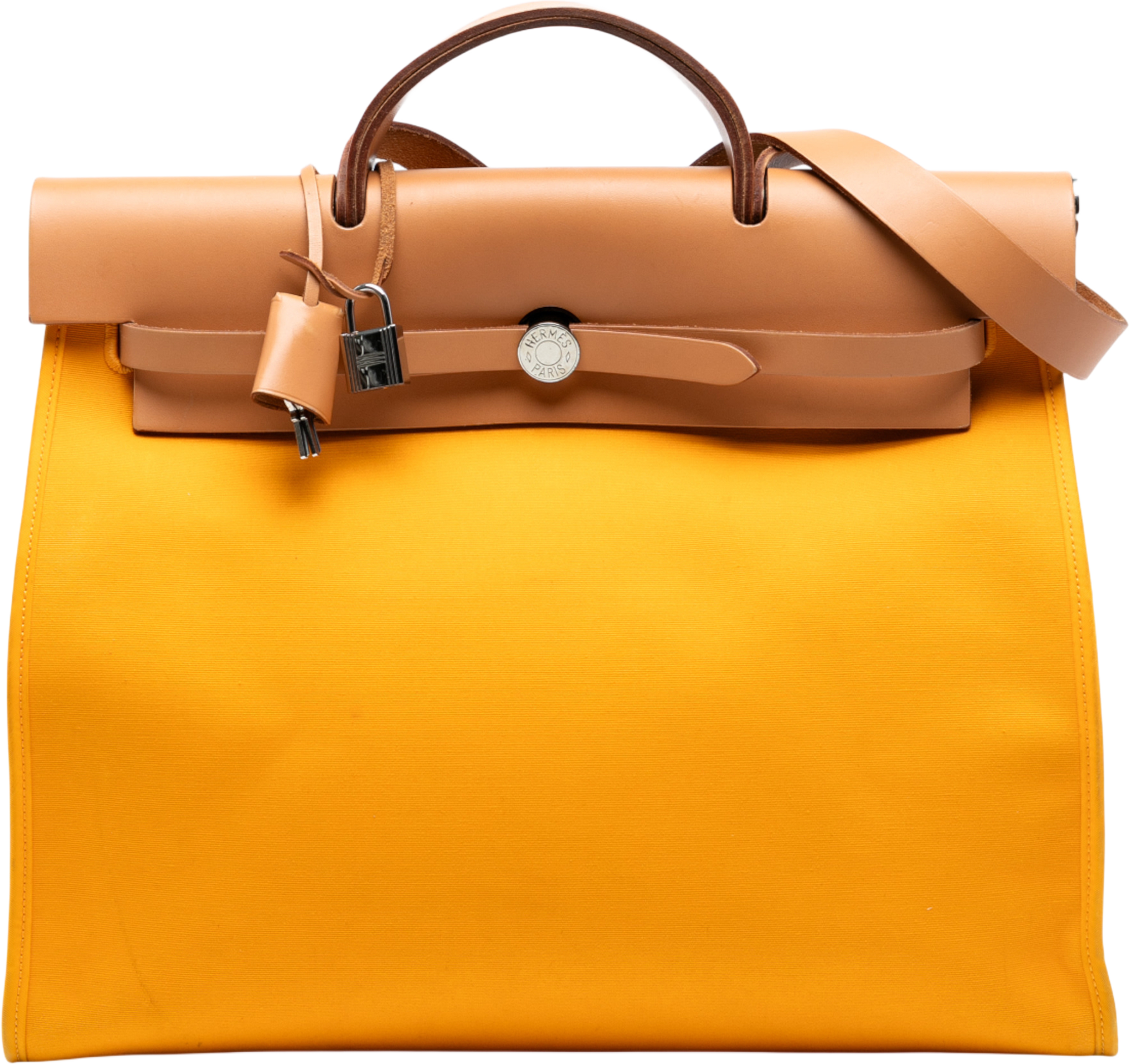 Hermès Toile Herbag Zip 39, från Luxclusif, i färgen mustard. Klicka för att öppna bilden i stort format