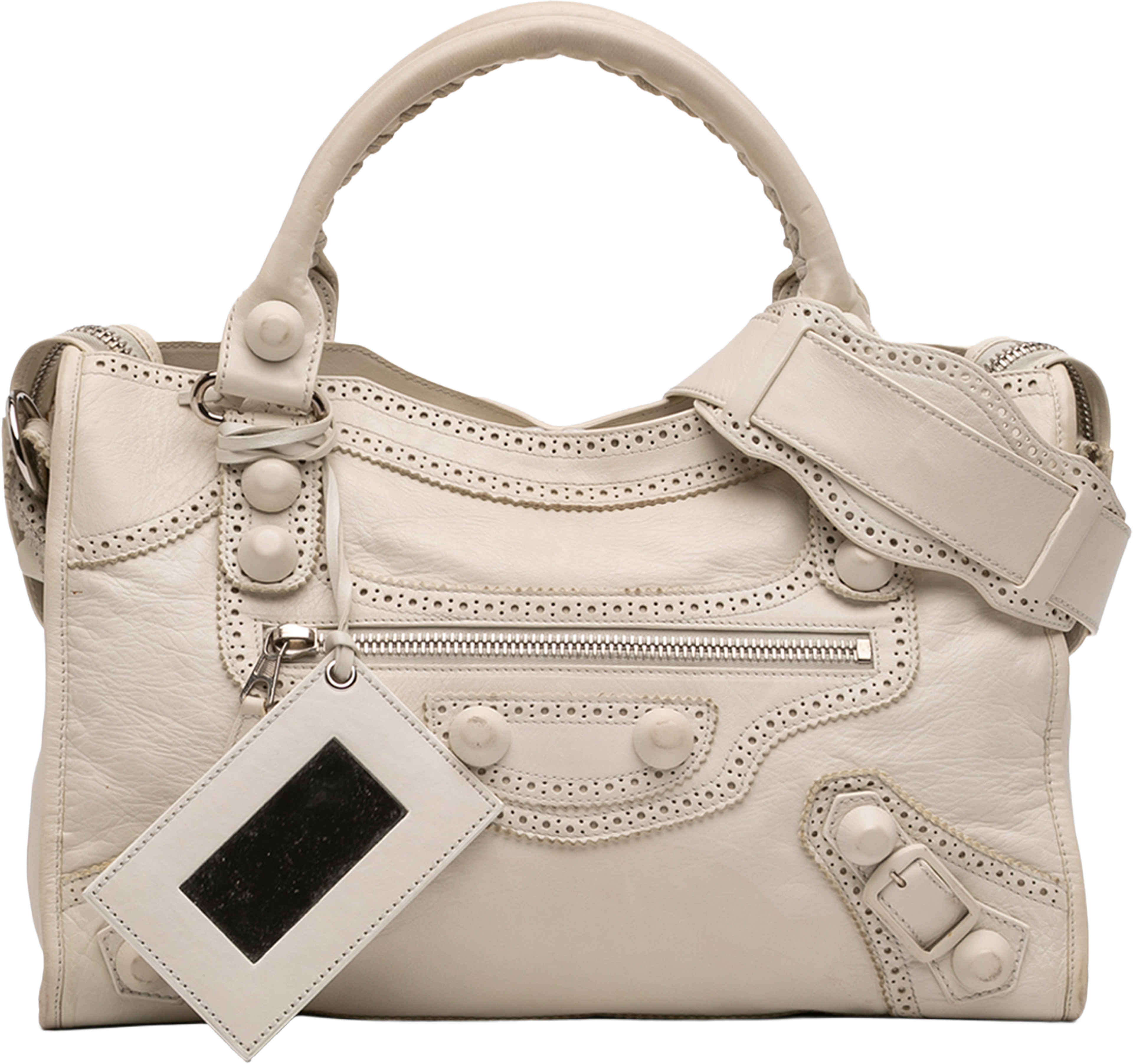 Balenciaga Lambskin Motocross Giant Brogues City Satchel, från Luxclusif, i färgen ivory. Klicka för att öppna bilden i stort format