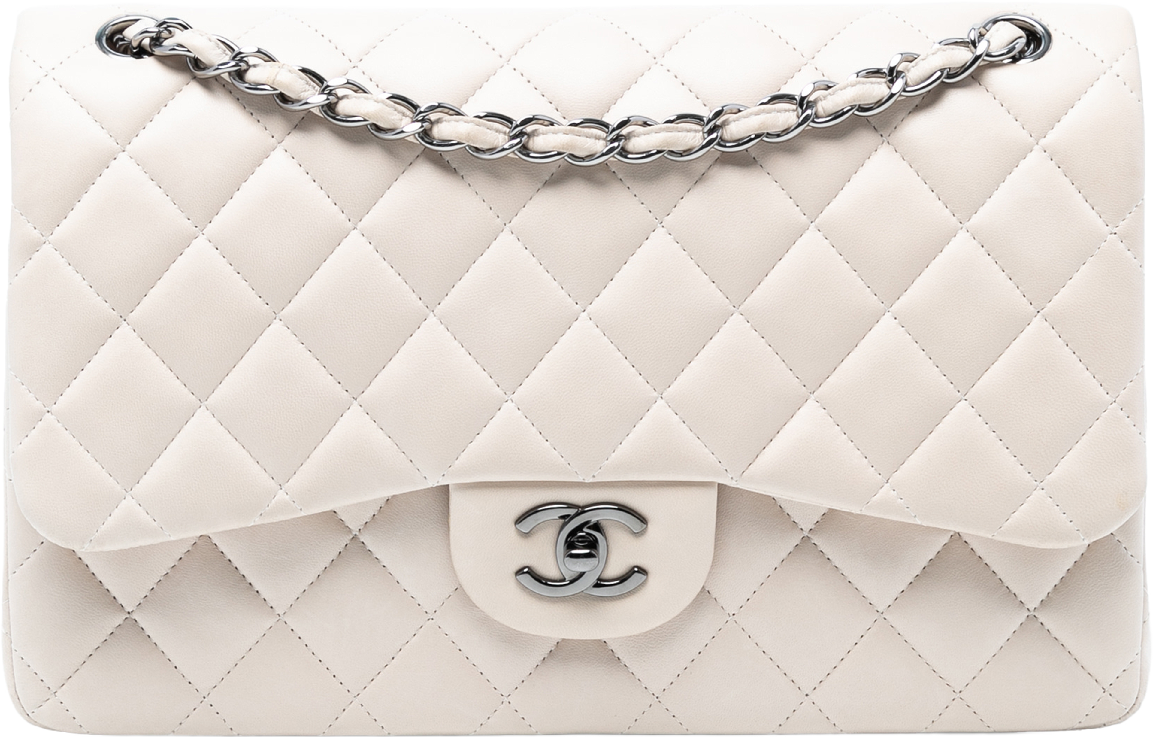 Chanel Jumbo Classic Lambskin Double Flap, från Luxclusif, i färgen ivory. Klicka för att öppna bilden i stort format