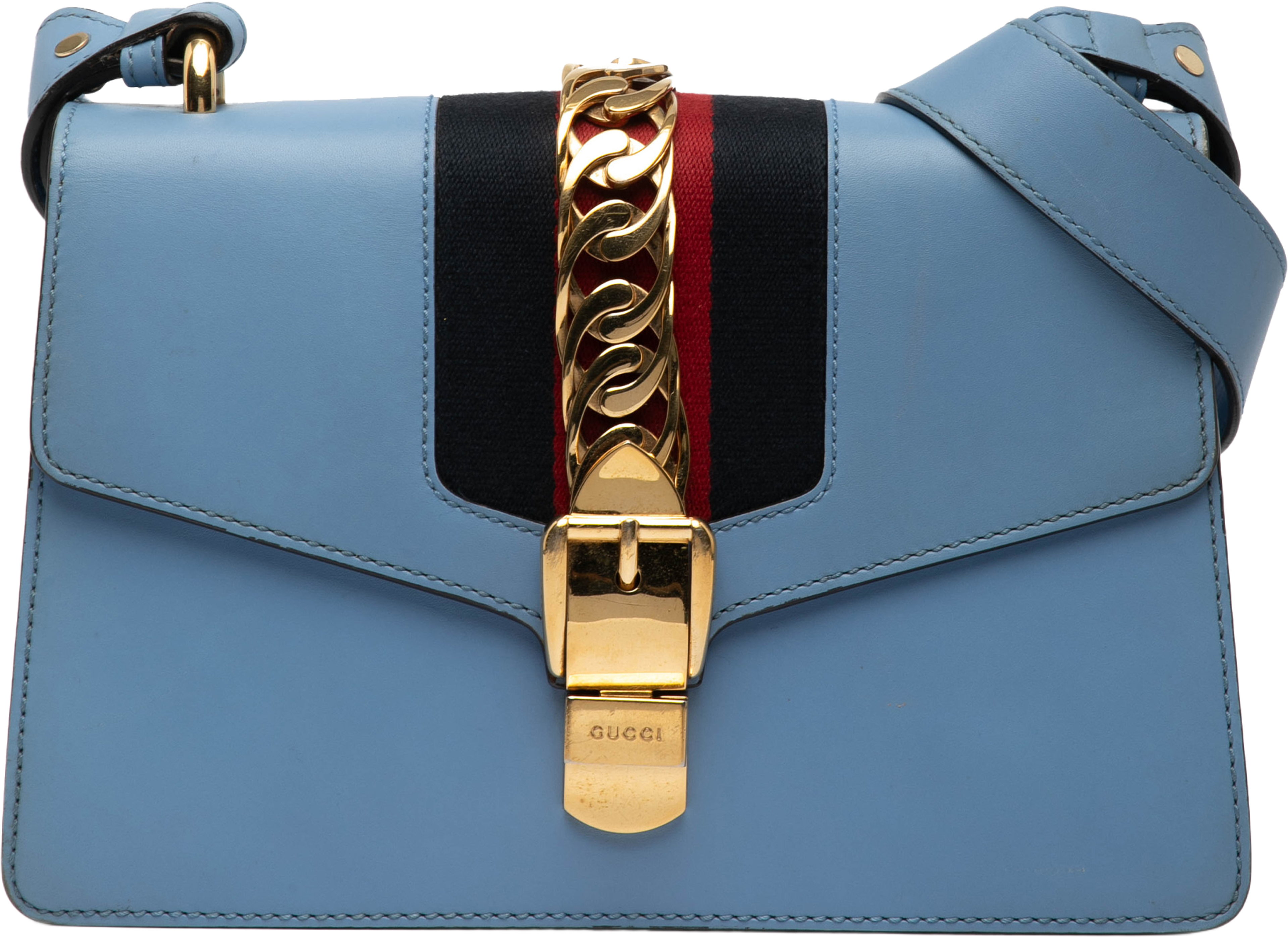 Gucci Small Leather Sylvie Web Satchel, från Luxclusif, i färgen blue. Klicka för att öppna bilden i stort format