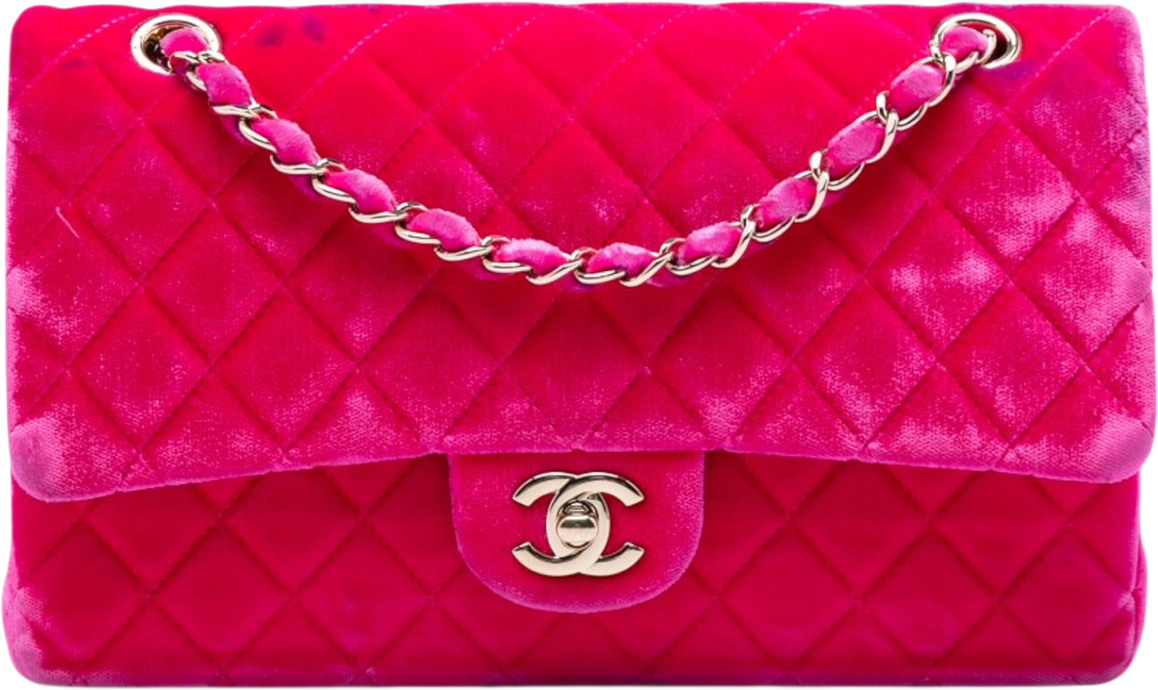 Chanel Medium Classic Velvet Double Flap, från Luxclusif, i färgen rosa. Klicka för att öppna bilden i stort format