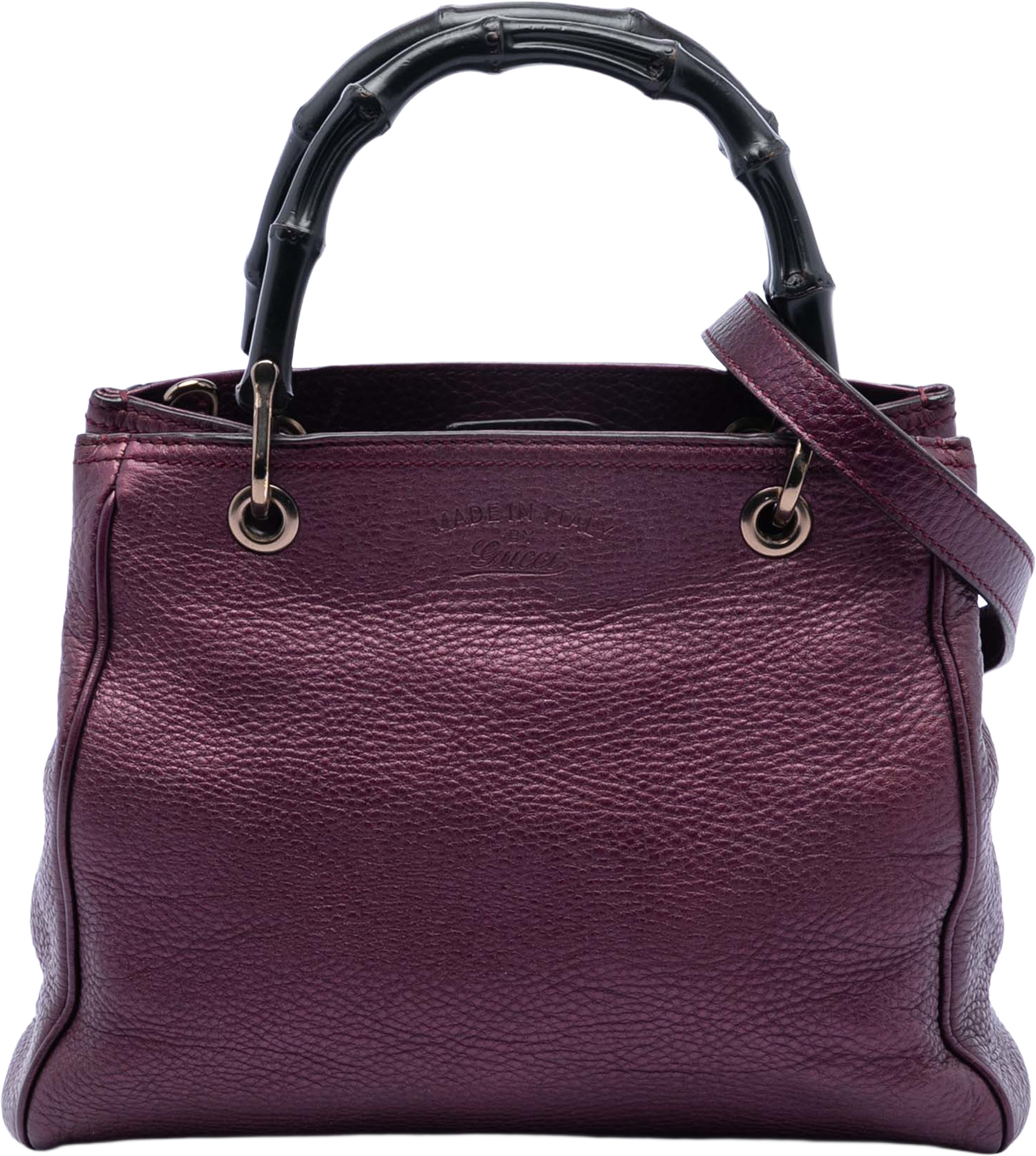 Gucci Small Metallic Calfskin Bamboo Shopper Satchel, från Luxclusif, i färgen violet. Klicka för att öppna bilden i stort format