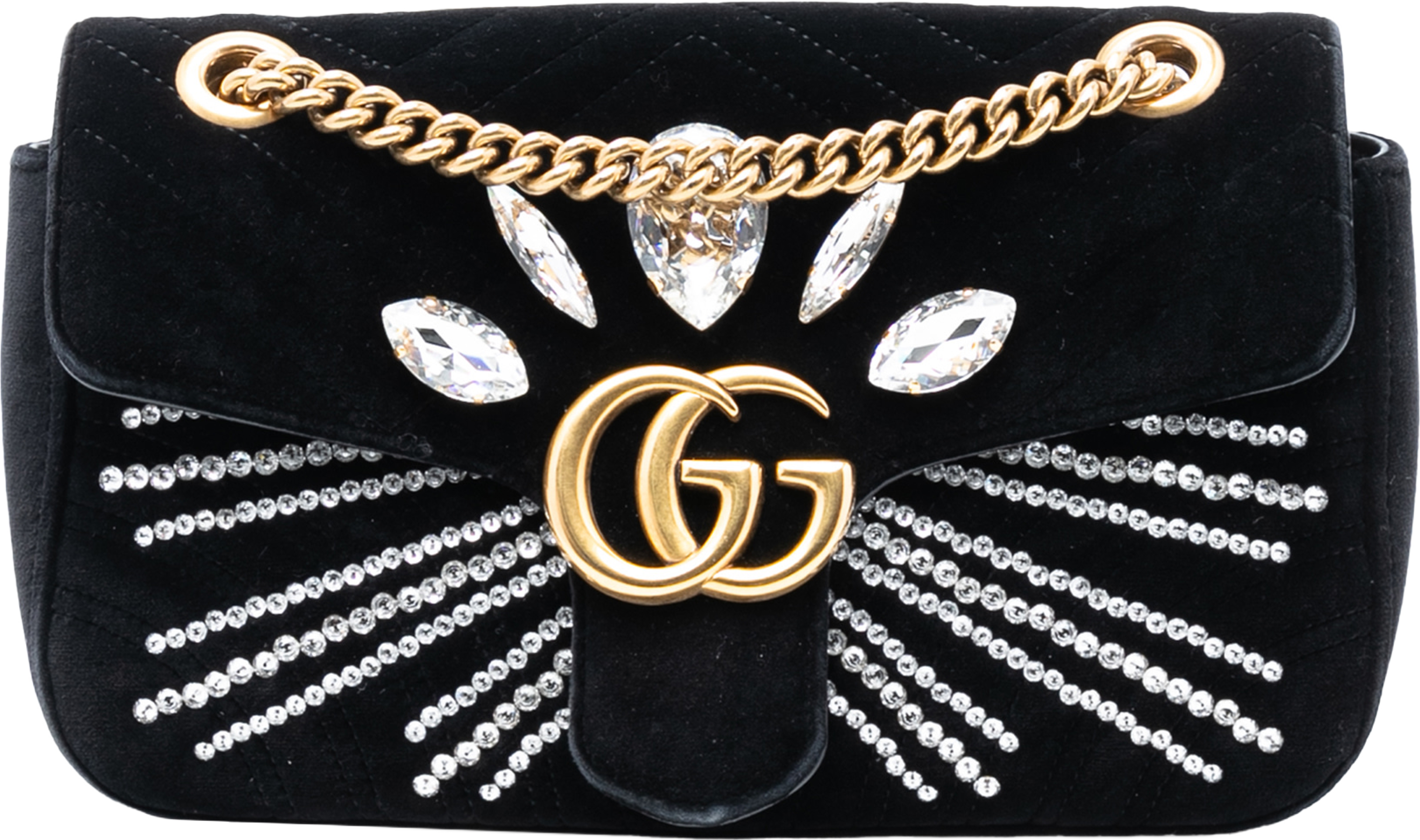 Gucci Medium Gg Marmont Matelasse Velvet Crystal Embellished Shoulder Bag, från Luxclusif, i färgen black. Klicka för att öppna bilden i stort format