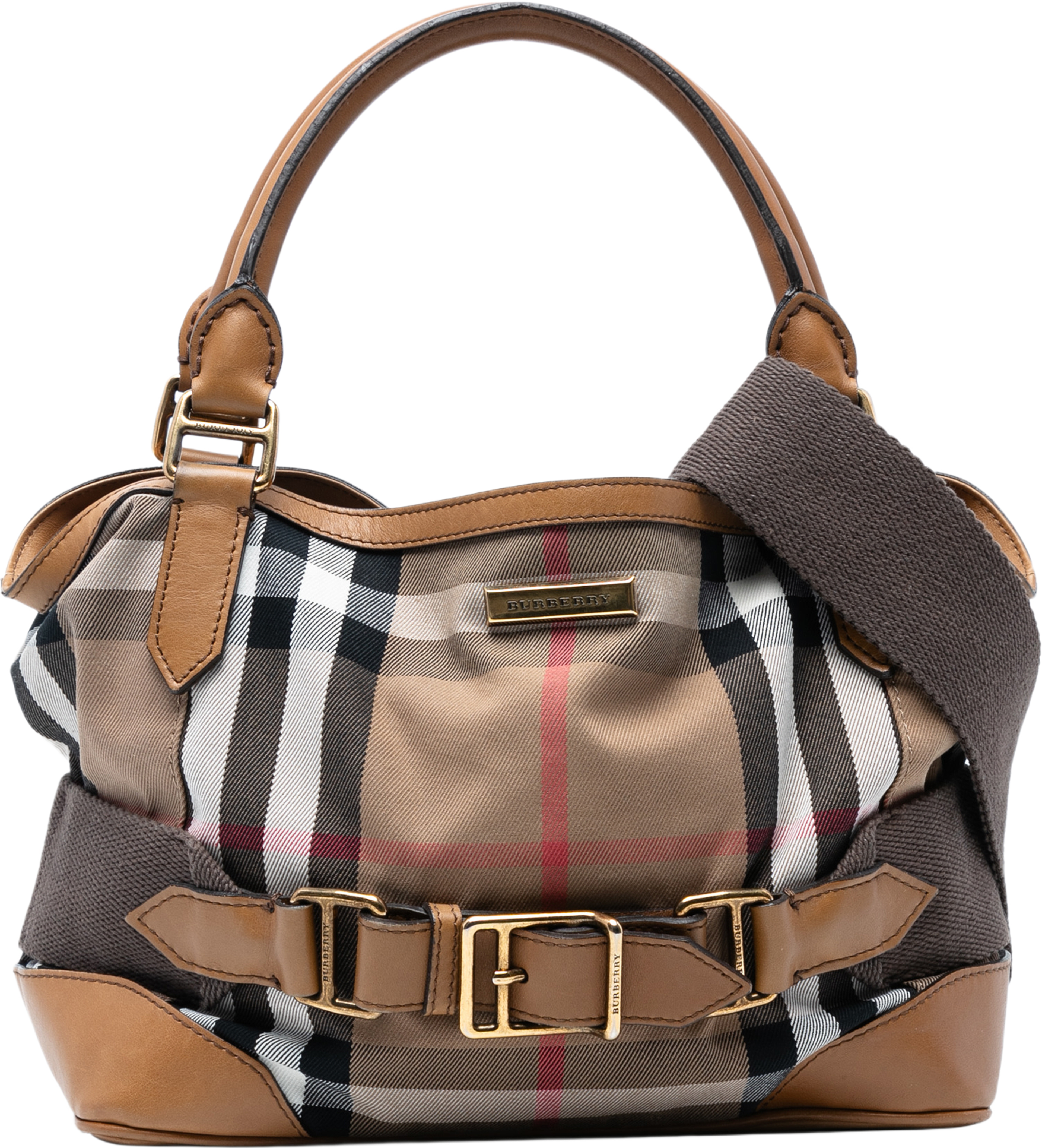 Burberry House Check Canvas Brecon Satchel, från Luxclusif, i färgen light brown. Klicka för att öppna bilden i stort format