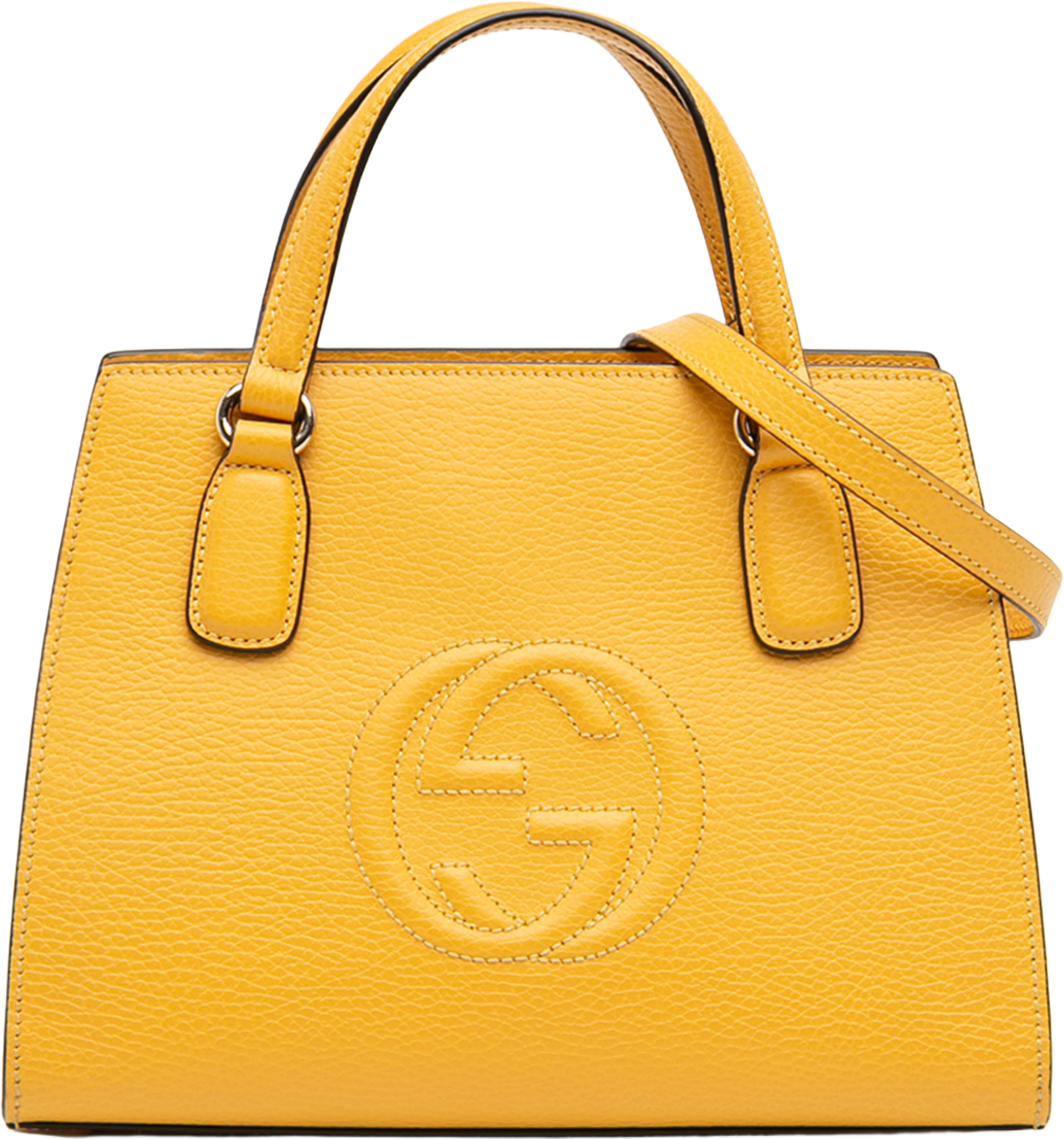 Gucci Medium Leather Soho Top Handle Convertible Tote, från Luxclusif, i färgen mustard. Klicka för att öppna bilden i stort format