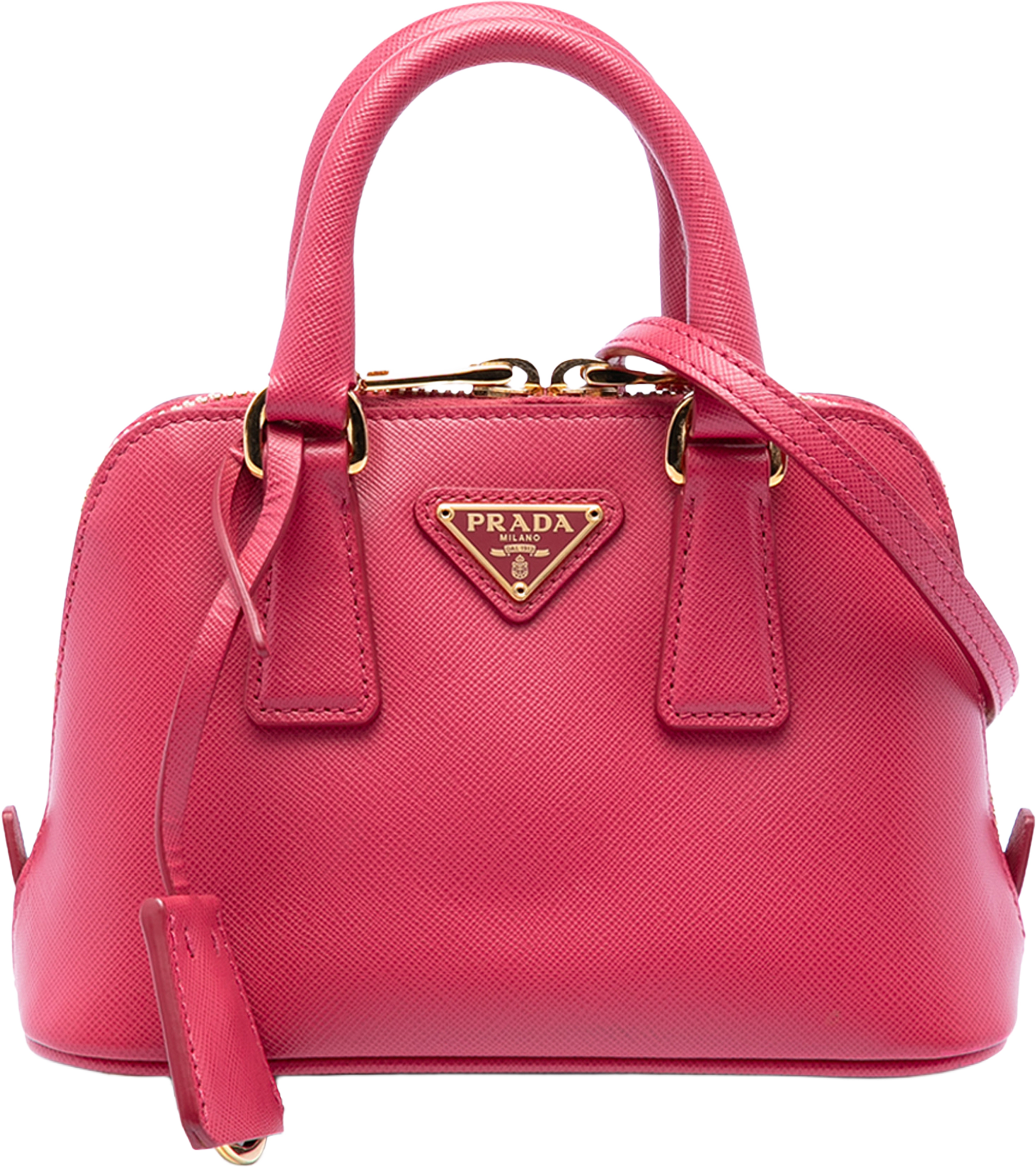 Prada Mini Saffiano Lux Promenade Satchel, från Luxclusif, i färgen dark pink. Klicka för att öppna bilden i stort format