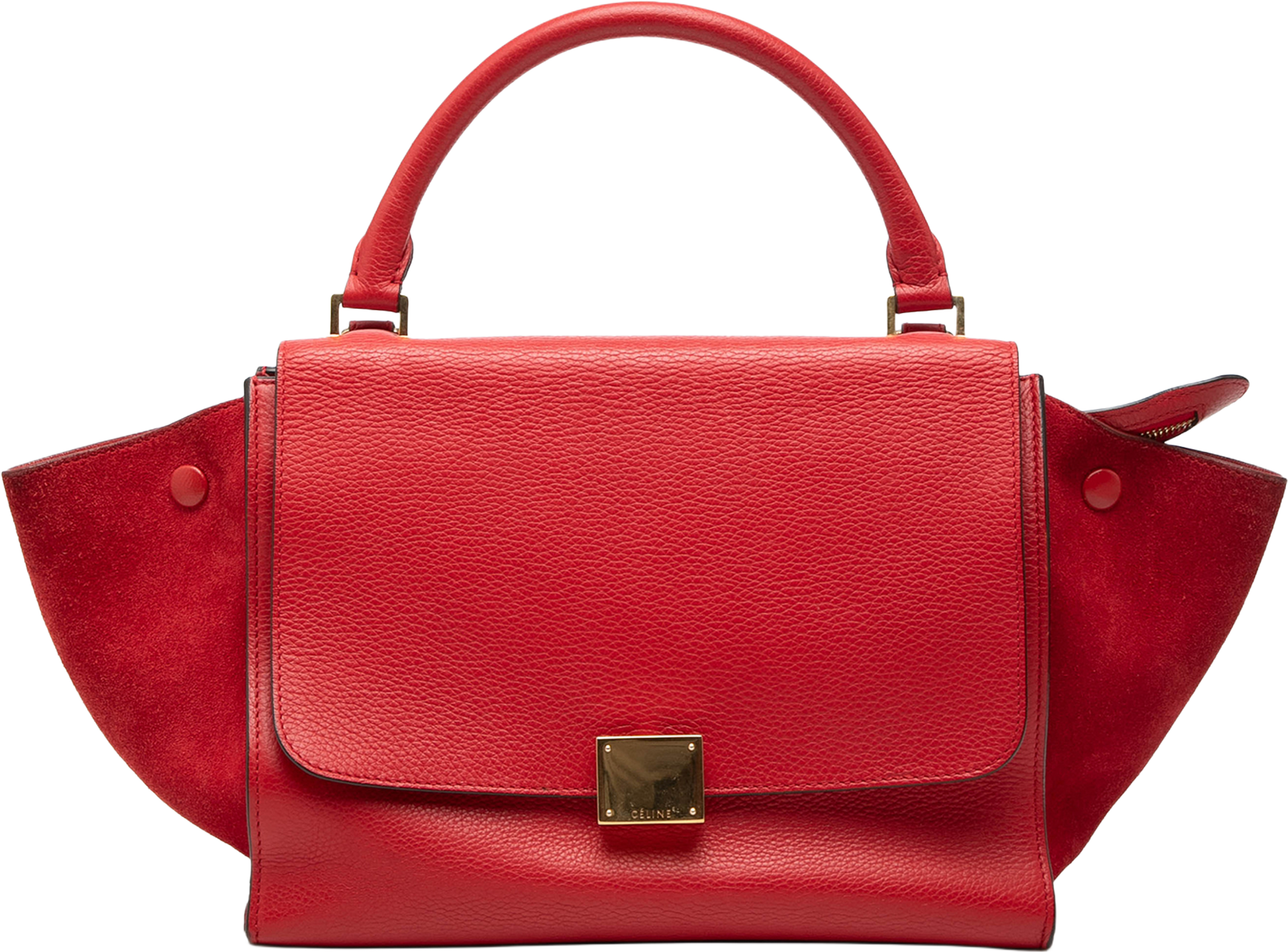 Celine Small Drummed Calfskin And Suede Trapeze Satchel, från Luxclusif, i färgen red. Klicka för att öppna bilden i stort format