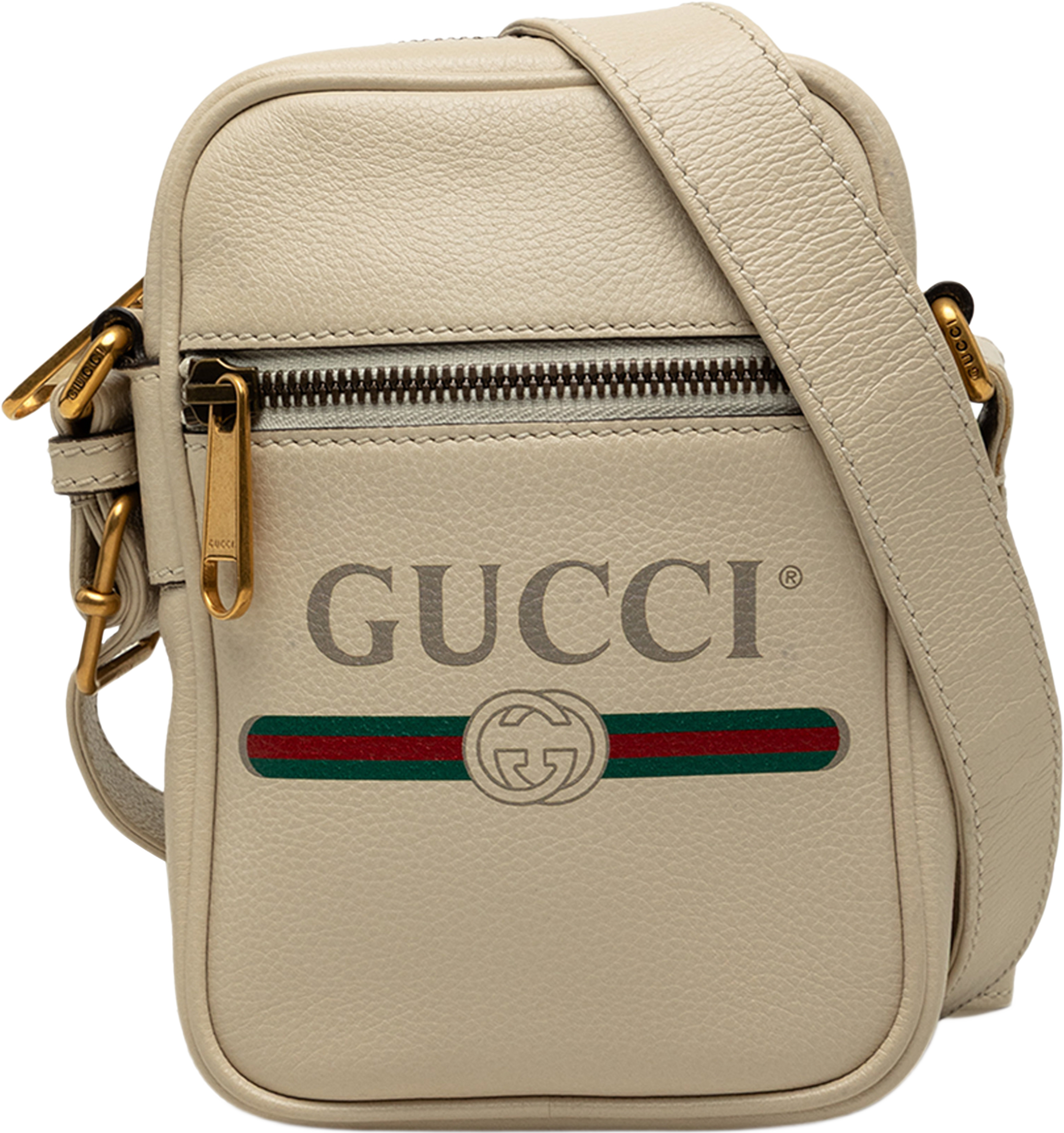 Gucci Mini Grained Calfskin Logo Crossbody, från Luxclusif, i färgen vit. Klicka för att öppna bilden i stort format