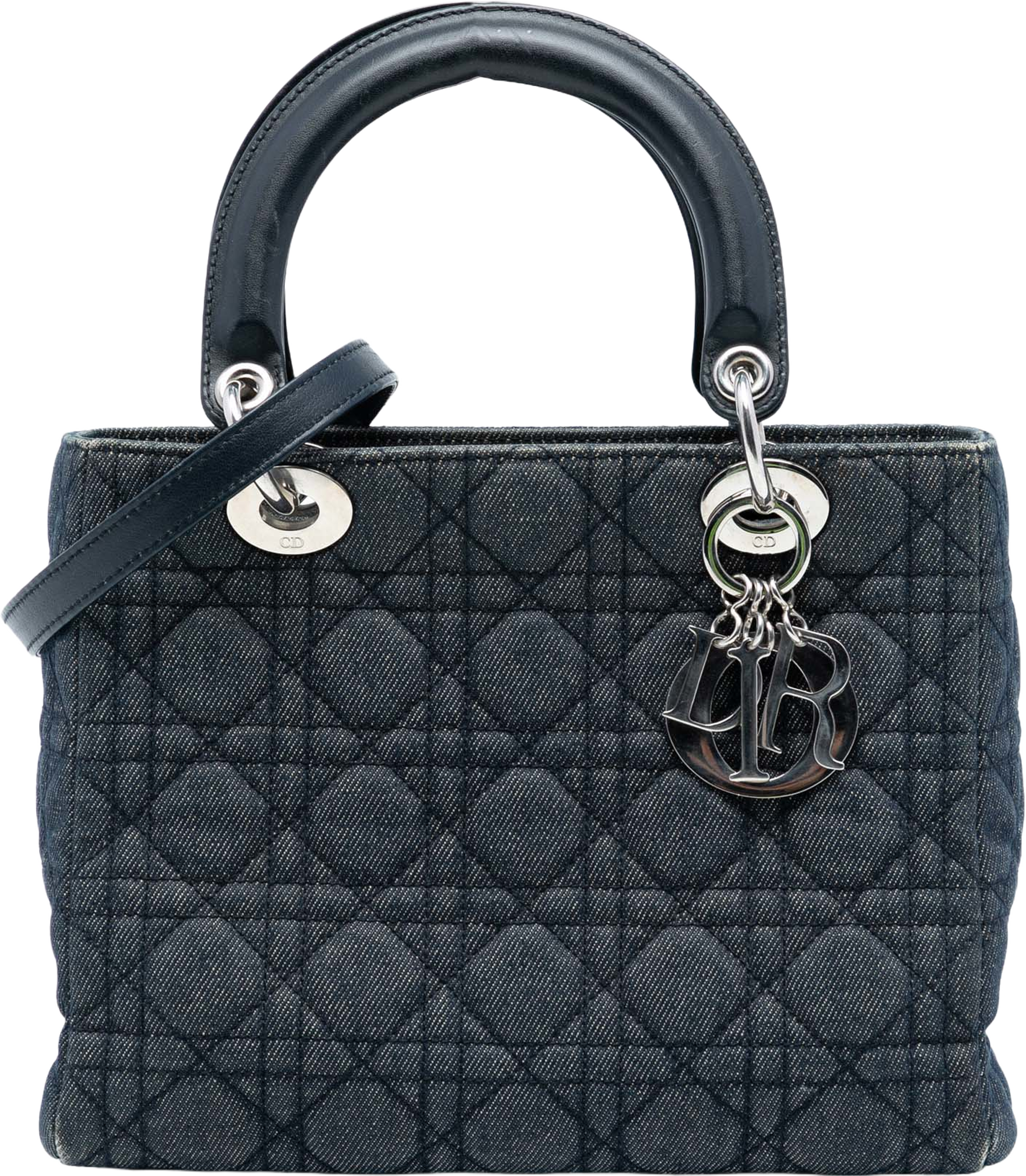 Dior Medium Denim Cannage Lady Dior, från Luxclusif, i färgen navy. Klicka för att öppna bilden i stort format