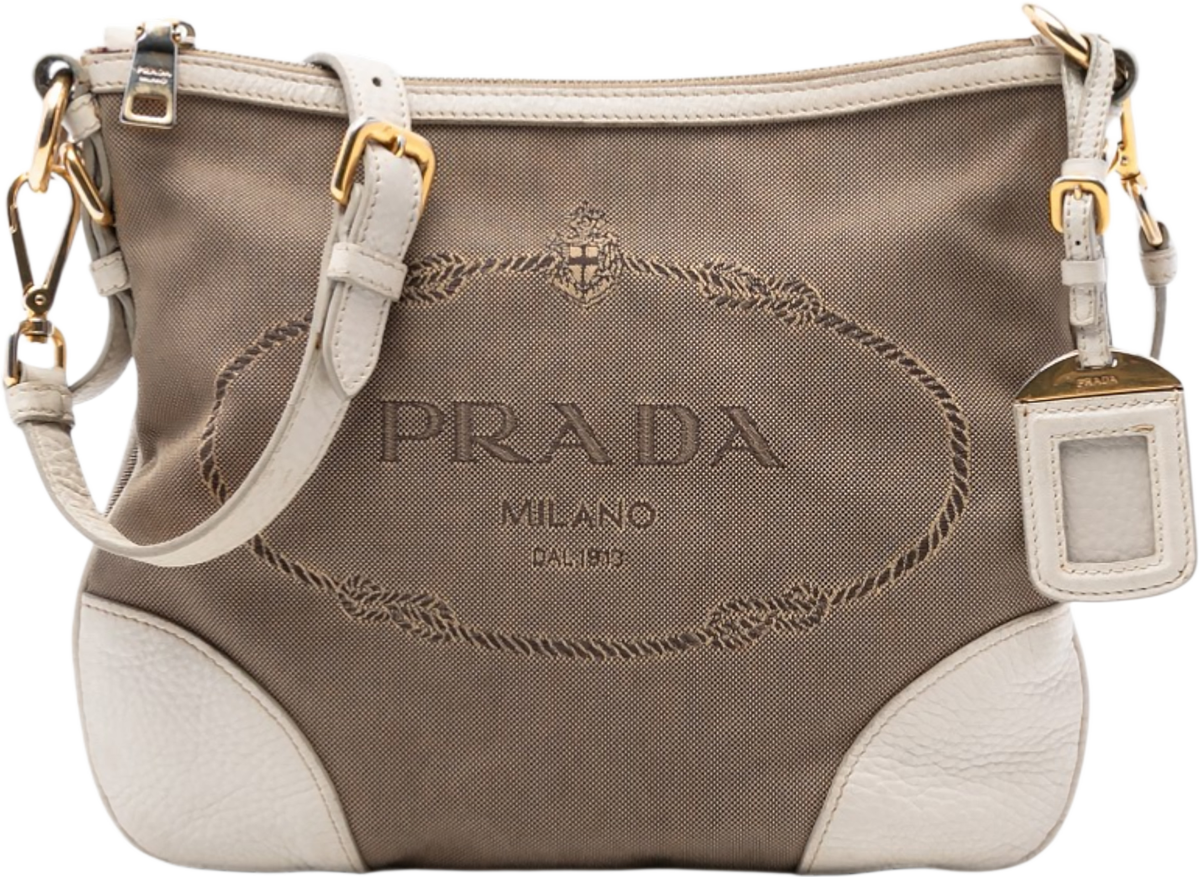 Prada Canvas Canapa Logo Crossbody, från Luxclusif, i färgen light brown. Klicka för att öppna bilden i stort format