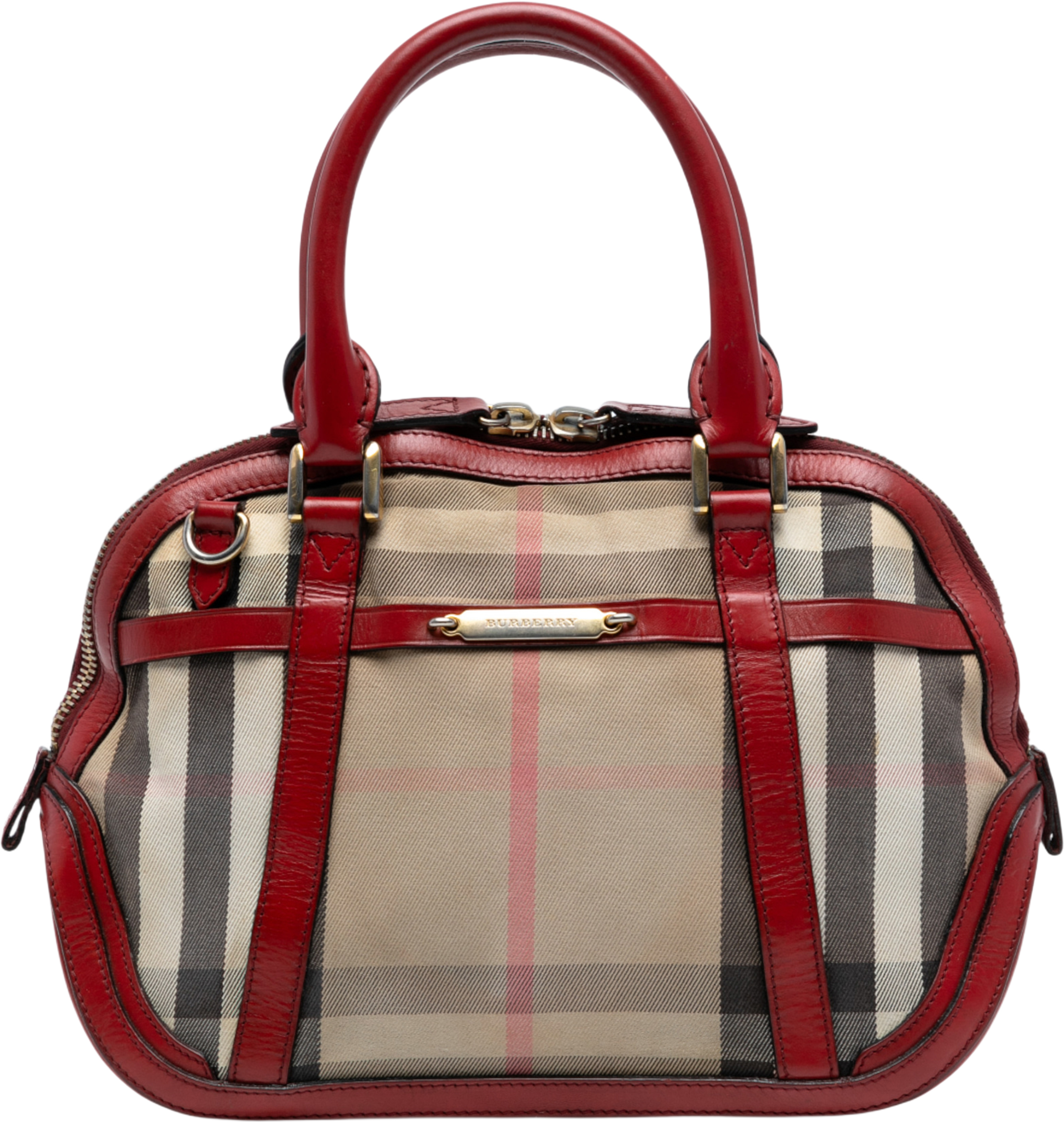Burberry Small Leather Trimmed House Check Canvas Bridle Orchard Satchel, från Luxclusif, i färgen light brown. Klicka för att öppna bilden i stort format