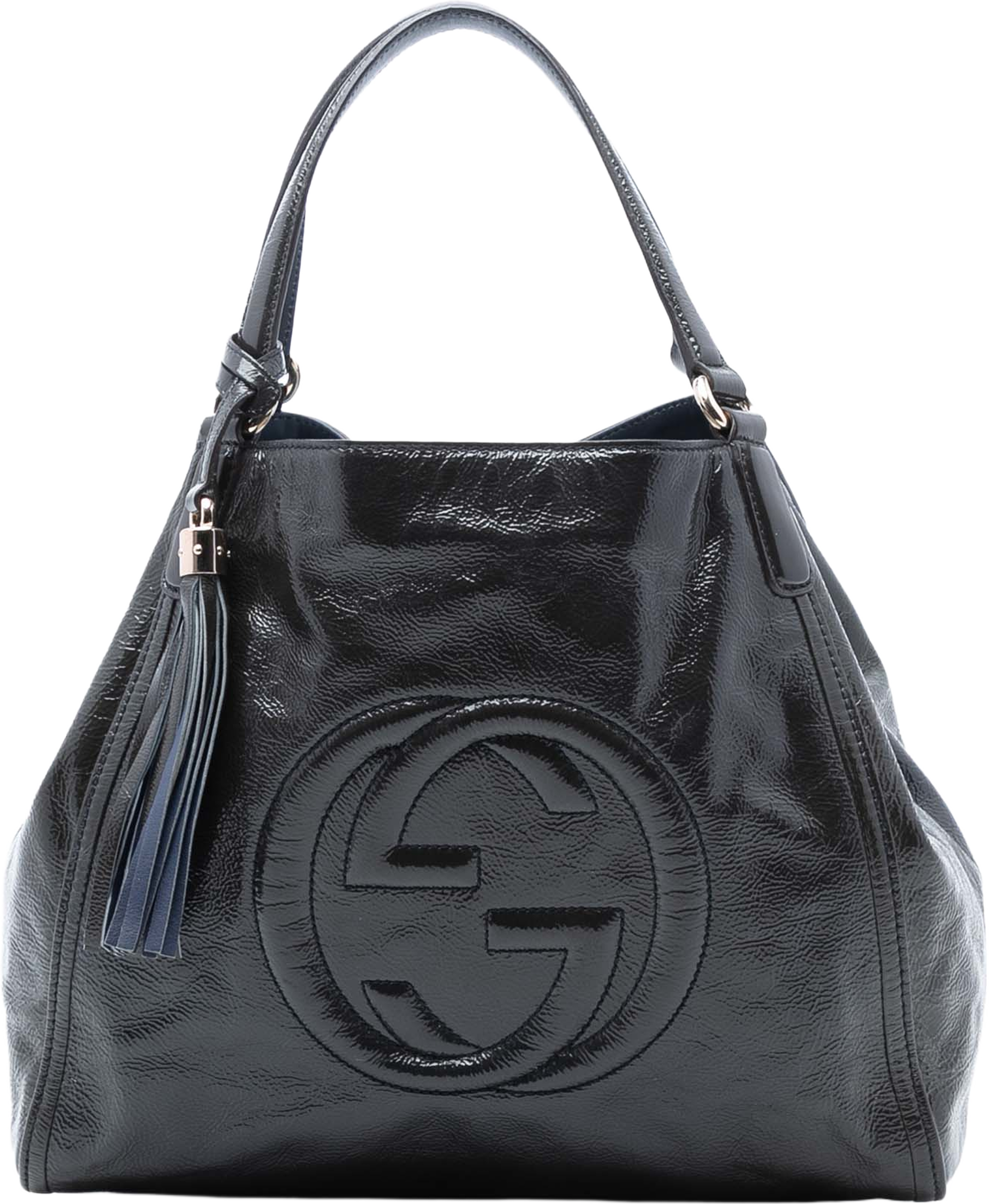 Gucci Medium Patent Soho Cellarius Tote, från Luxclusif, i färgen navy. Klicka för att öppna bilden i stort format