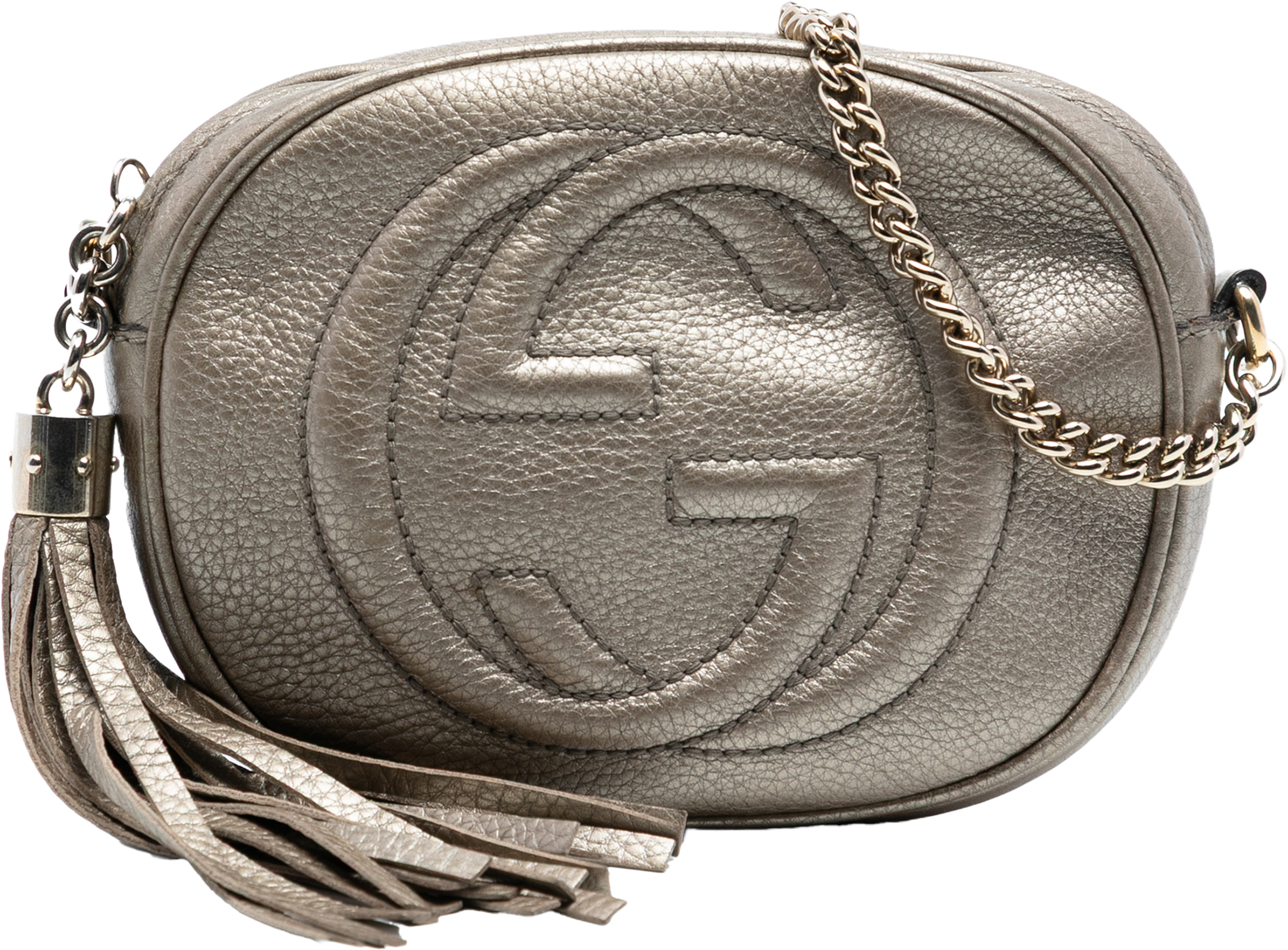 Gucci Mini Metallic Pebbled Calfskin Soho Chain Crossbody, från Luxclusif, i färgen gold. Klicka för att öppna bilden i stort format