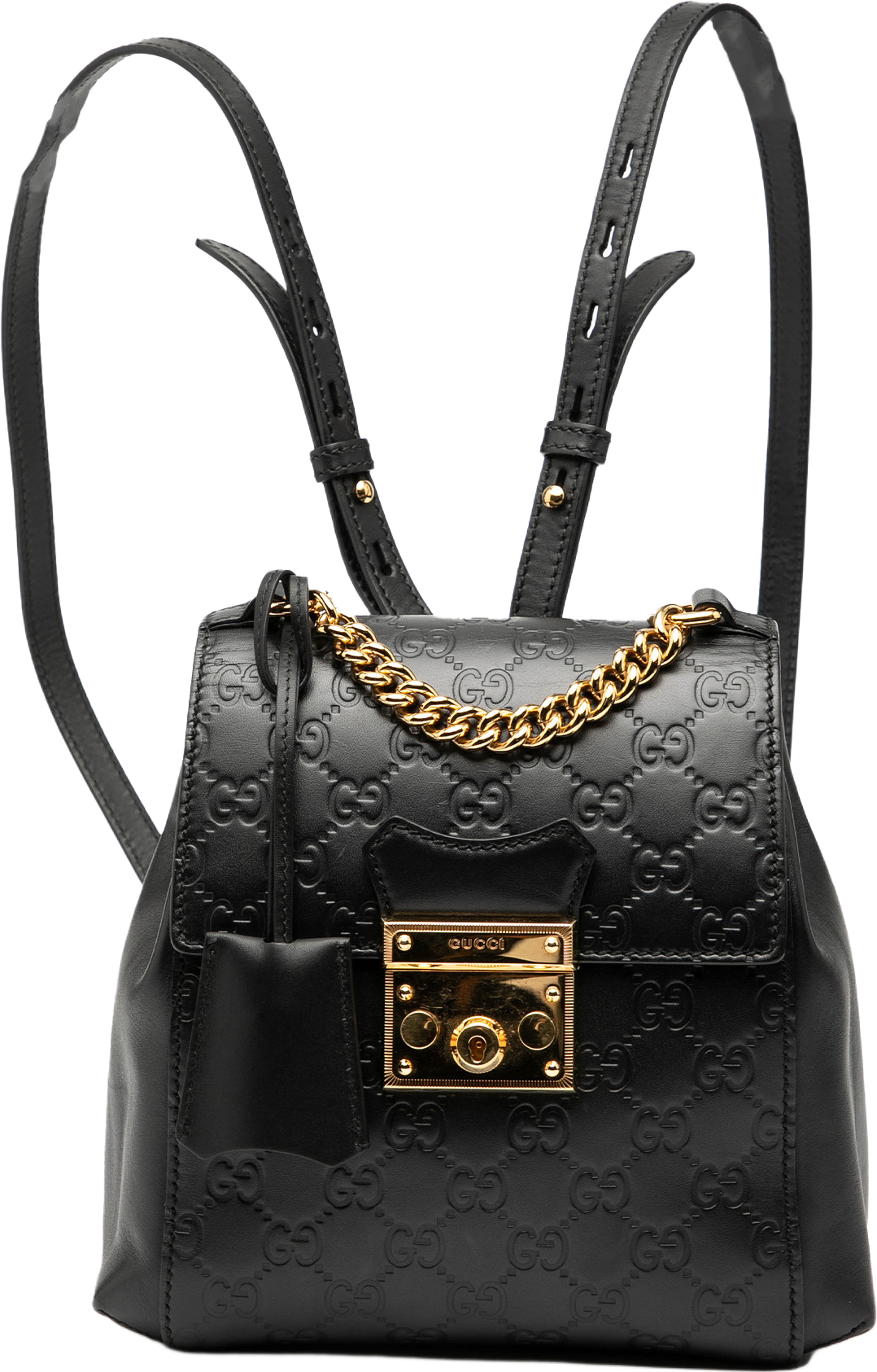 Gucci Guccissima Padlock Backpack, från Luxclusif, i färgen black. Klicka för att öppna bilden i stort format
