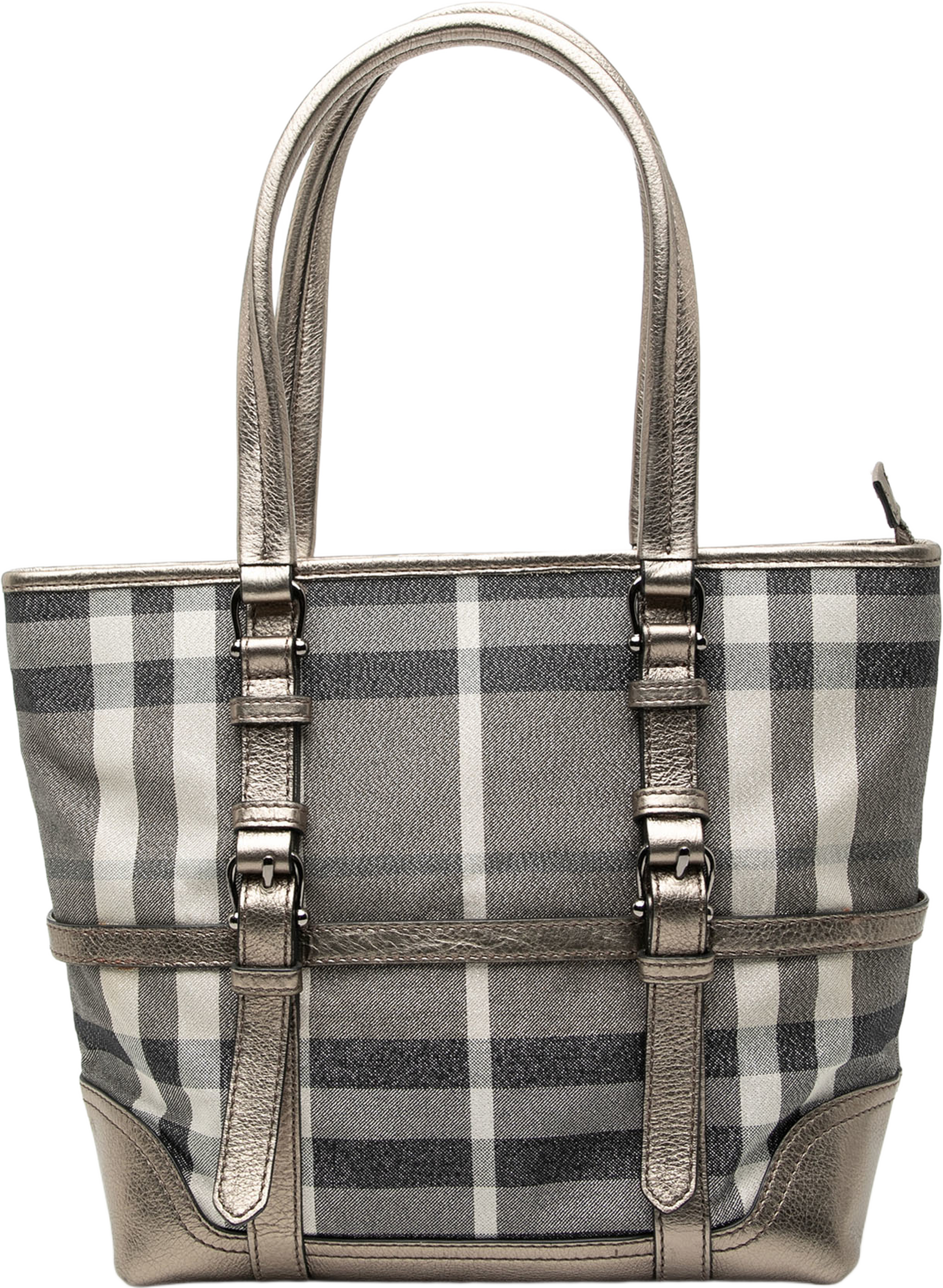 Burberry Small Shimmer Check Canvas Tote, från Luxclusif, i färgen silver. Klicka för att öppna bilden i stort format