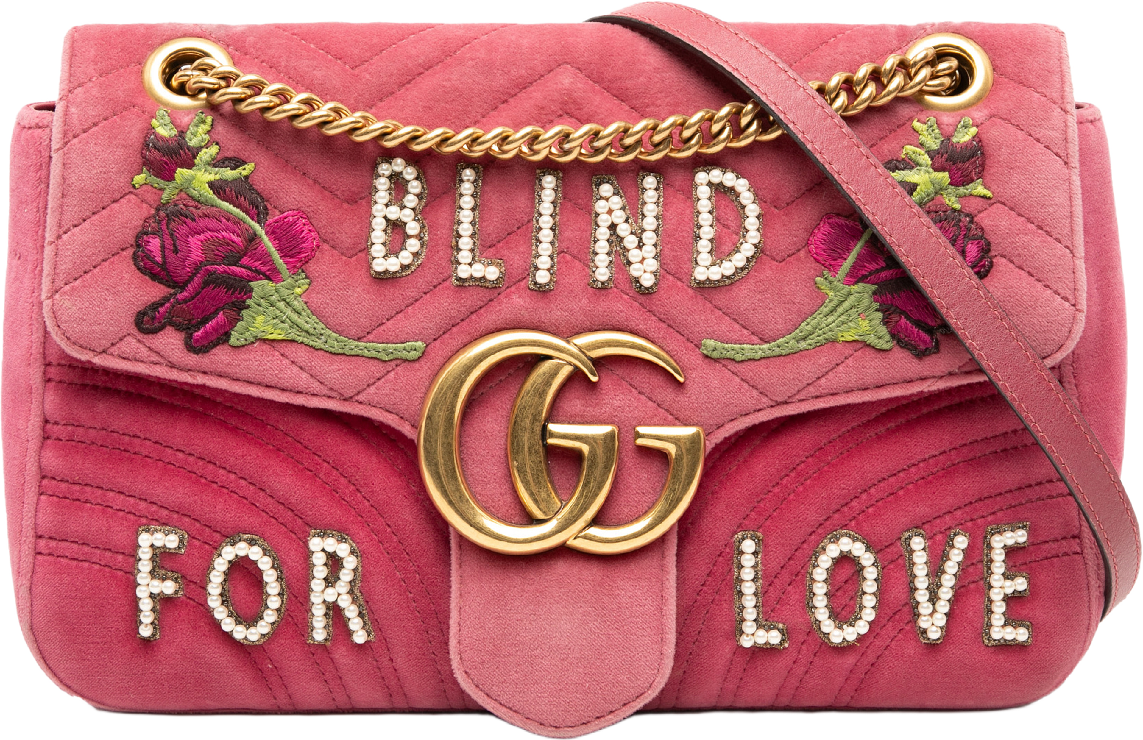 Gucci Large Gg Marmont Matelasse Velvet Embroidered Blind For Love Shoulder Bag, från Luxclusif, i färgen dark pink. Klicka för att öppna bilden i stort format