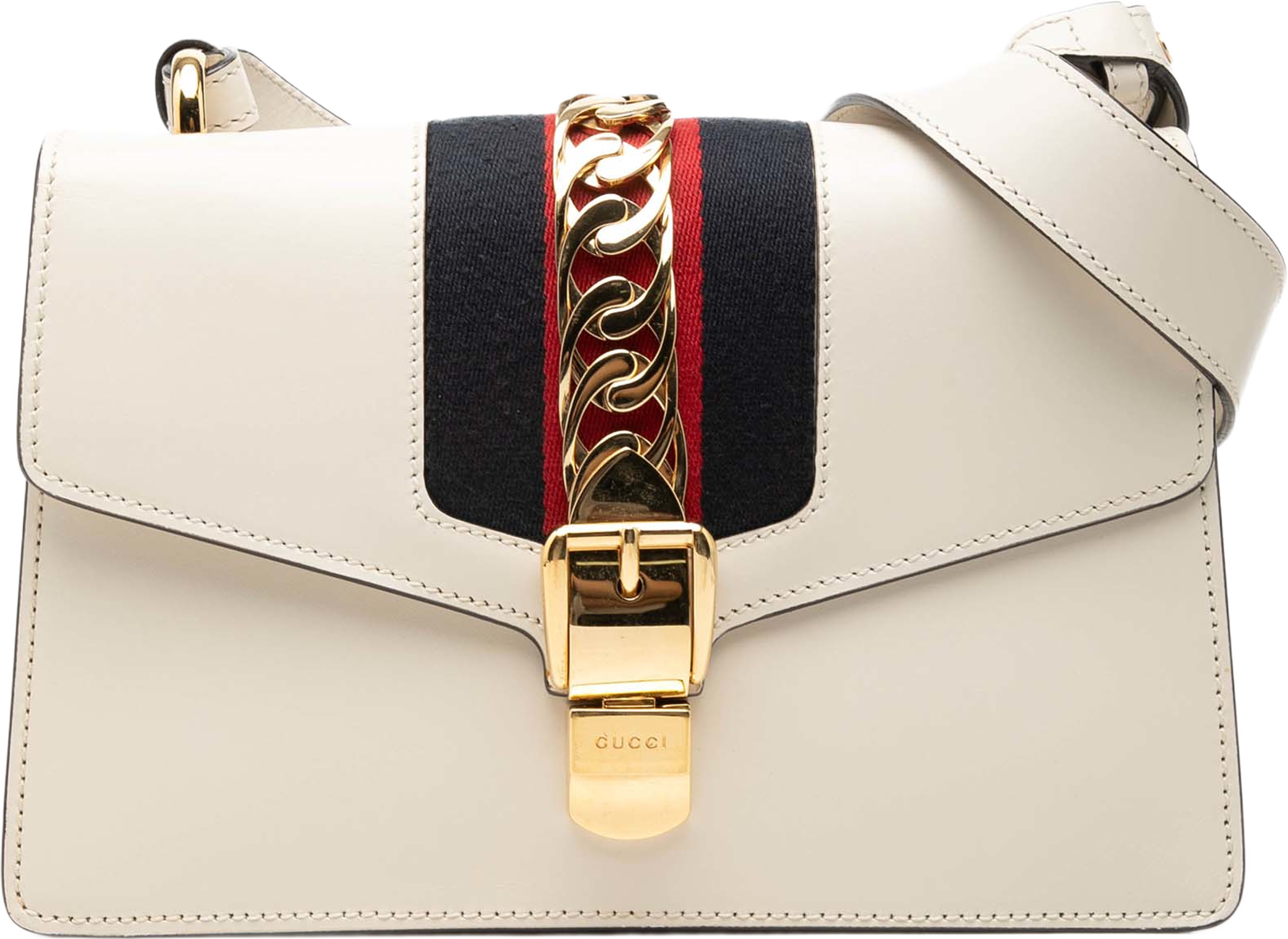 Gucci Small Calfskin Web Sylvie Satchel, från Luxclusif, i färgen vit. Klicka för att öppna bilden i stort format
