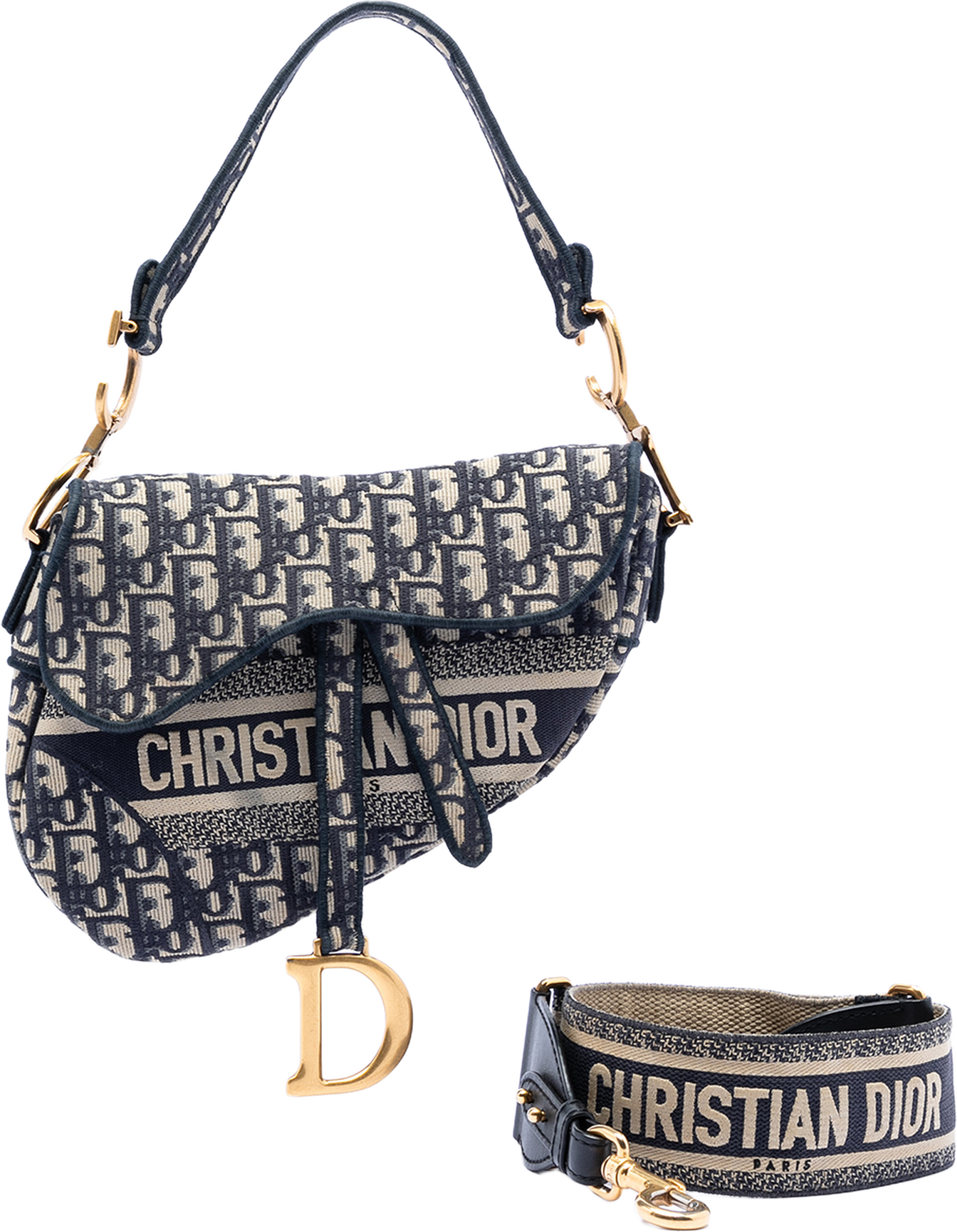 Dior Oblique Embroidered Canvas Saddle Bag, från Luxclusif, i färgen blue. Klicka för att öppna bilden i stort format