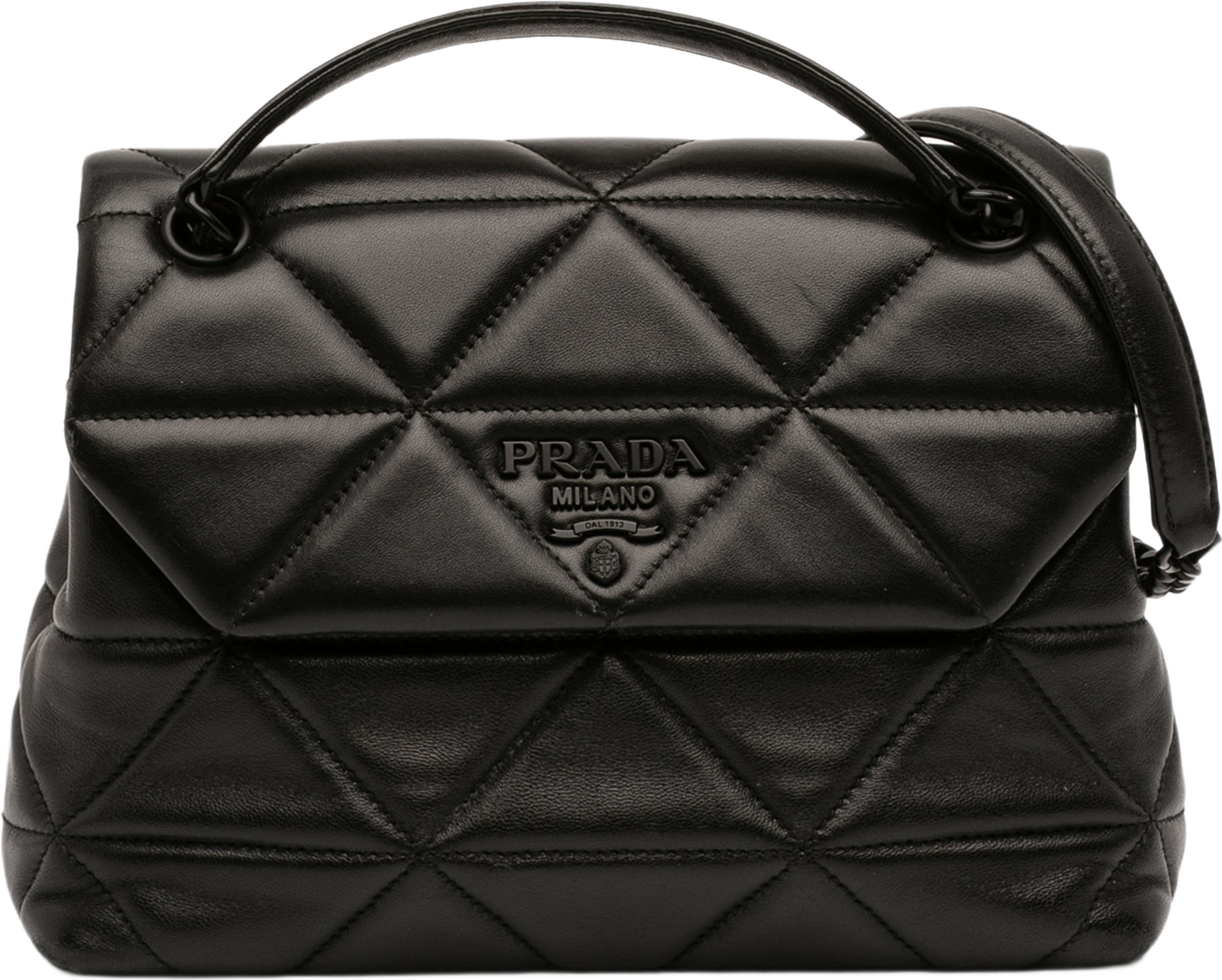 Prada Small Nappa Triangle Stitched Spectrum Flap, från Luxclusif, i färgen black. Klicka för att öppna bilden i stort format