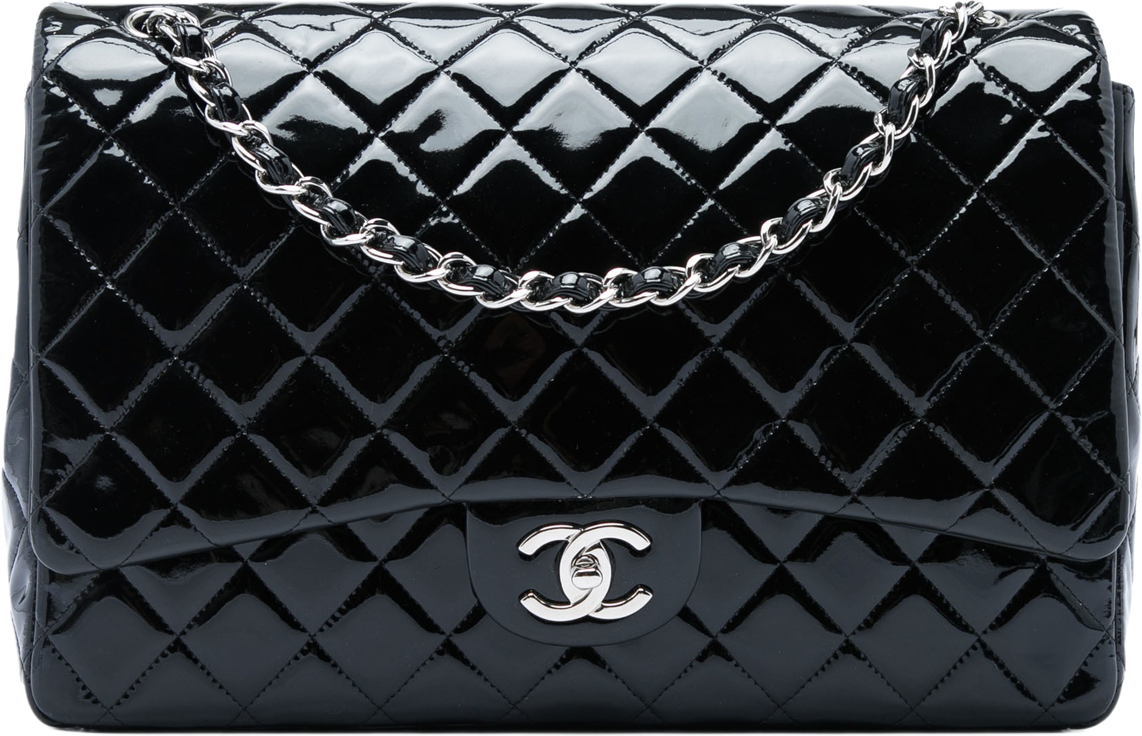 Chanel Maxi Classic Patent Double Flap, från Luxclusif, i färgen svart. Klicka för att öppna bilden i stort format