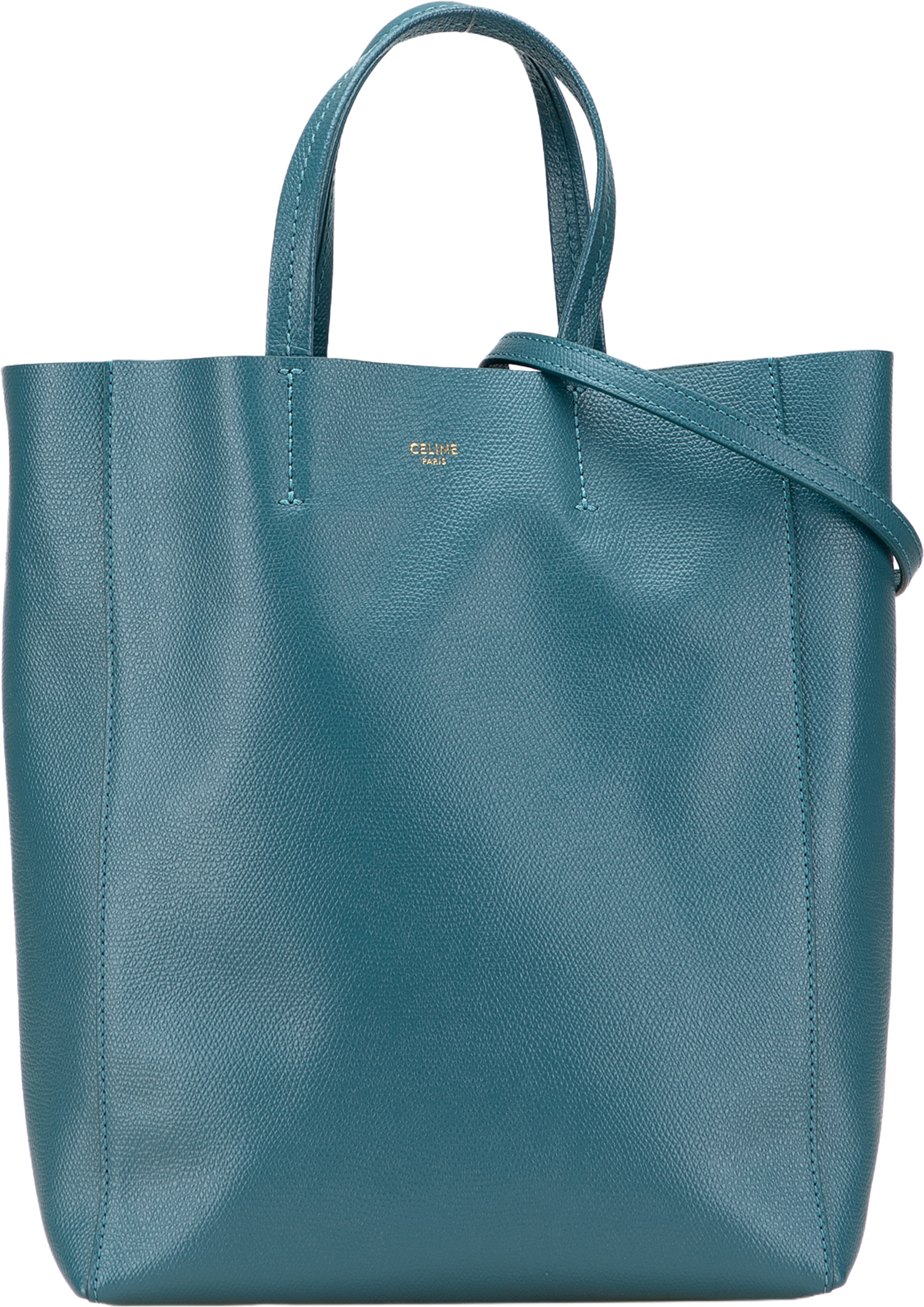 Celine Small Grained Calfskin Vertical Cabas Satchel, från Luxclusif, i färgen turquoise. Klicka för att öppna bilden i stort format