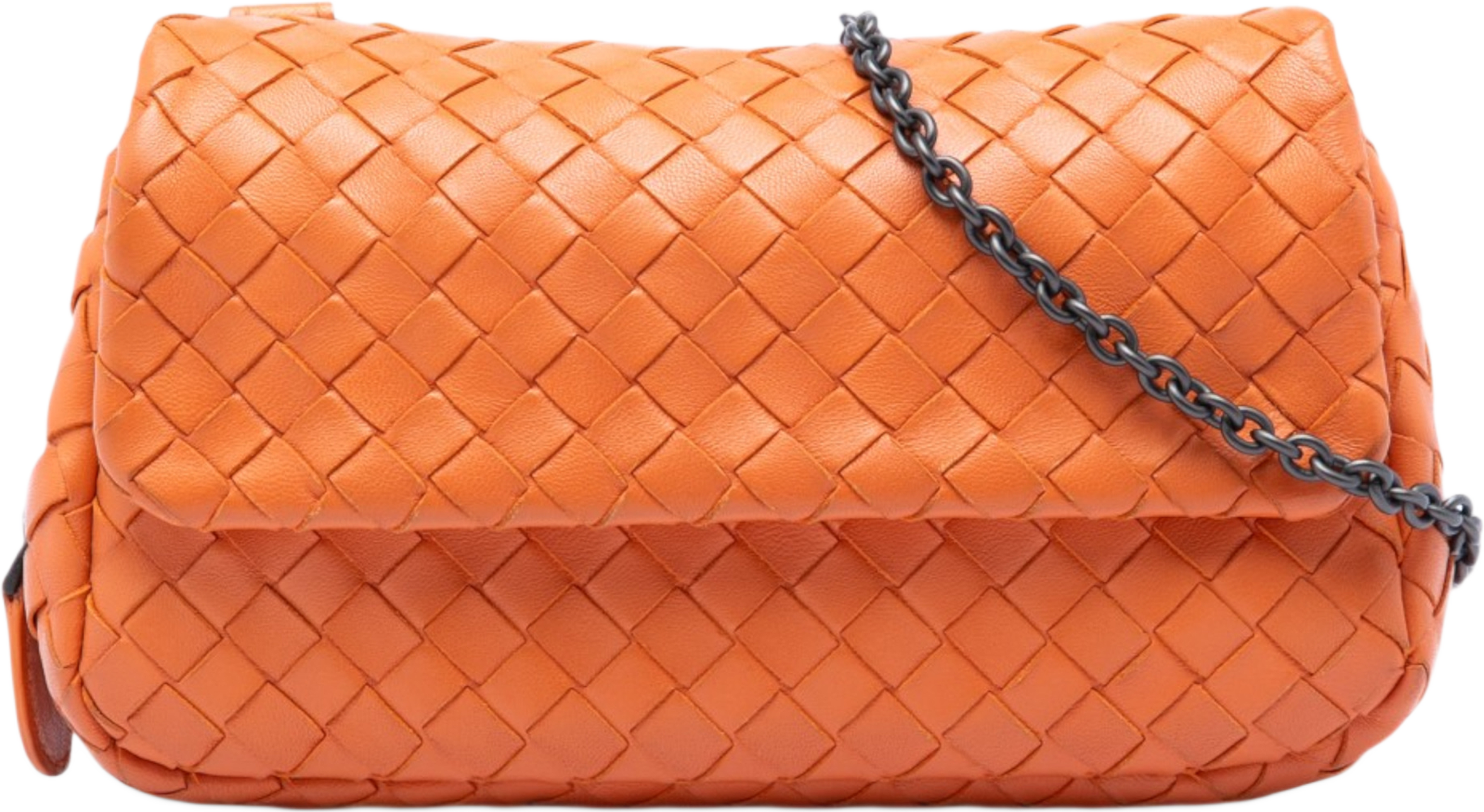 Bottega Veneta Mini Nappa Intrecciato Expandable Chain Flap Crossbody, från Luxclusif, i färgen orange. Klicka för att öppna bilden i stort format