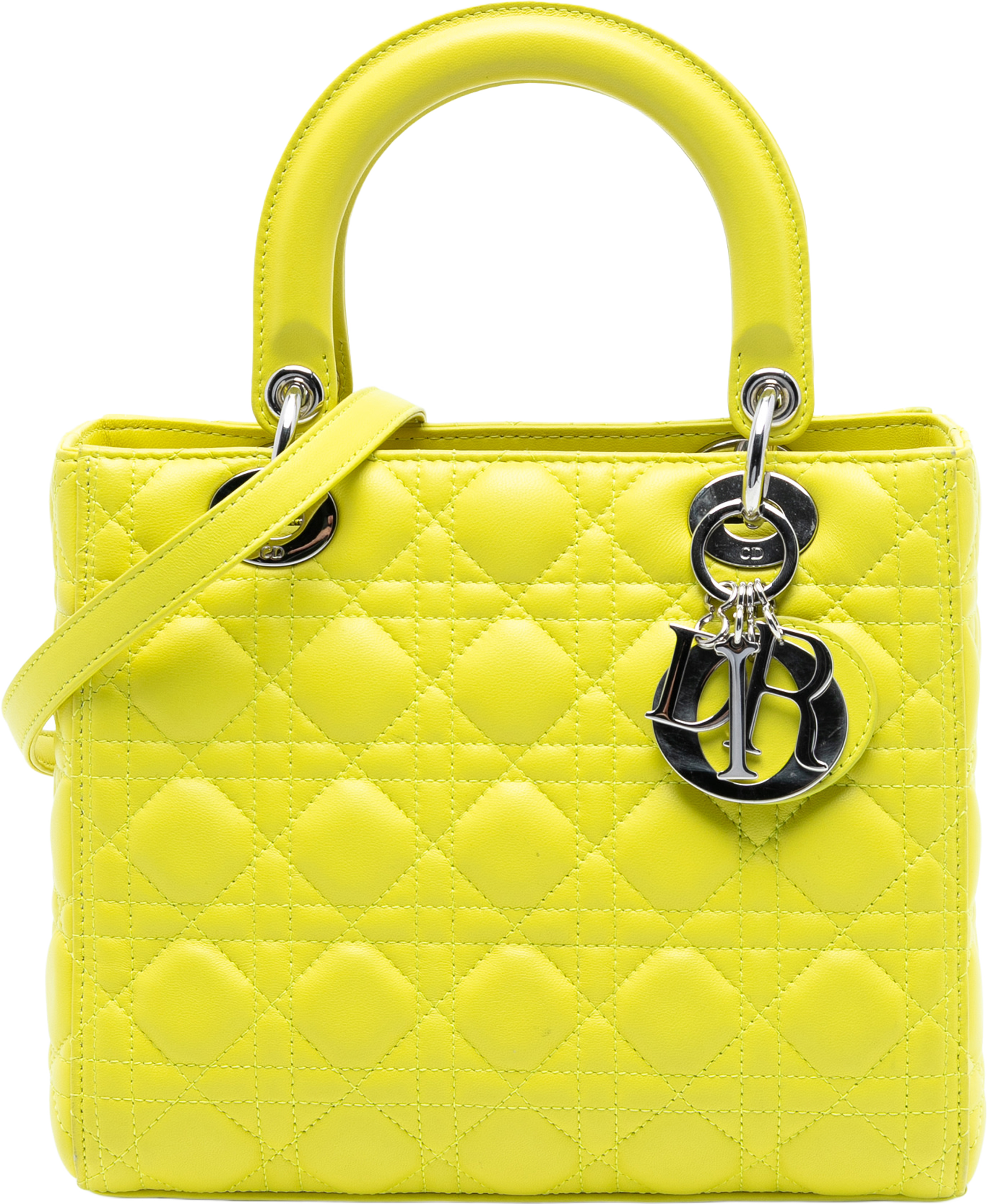 Dior Medium Lambskin Cannage Lady Dior, från Luxclusif, i färgen yellow. Klicka för att öppna bilden i stort format
