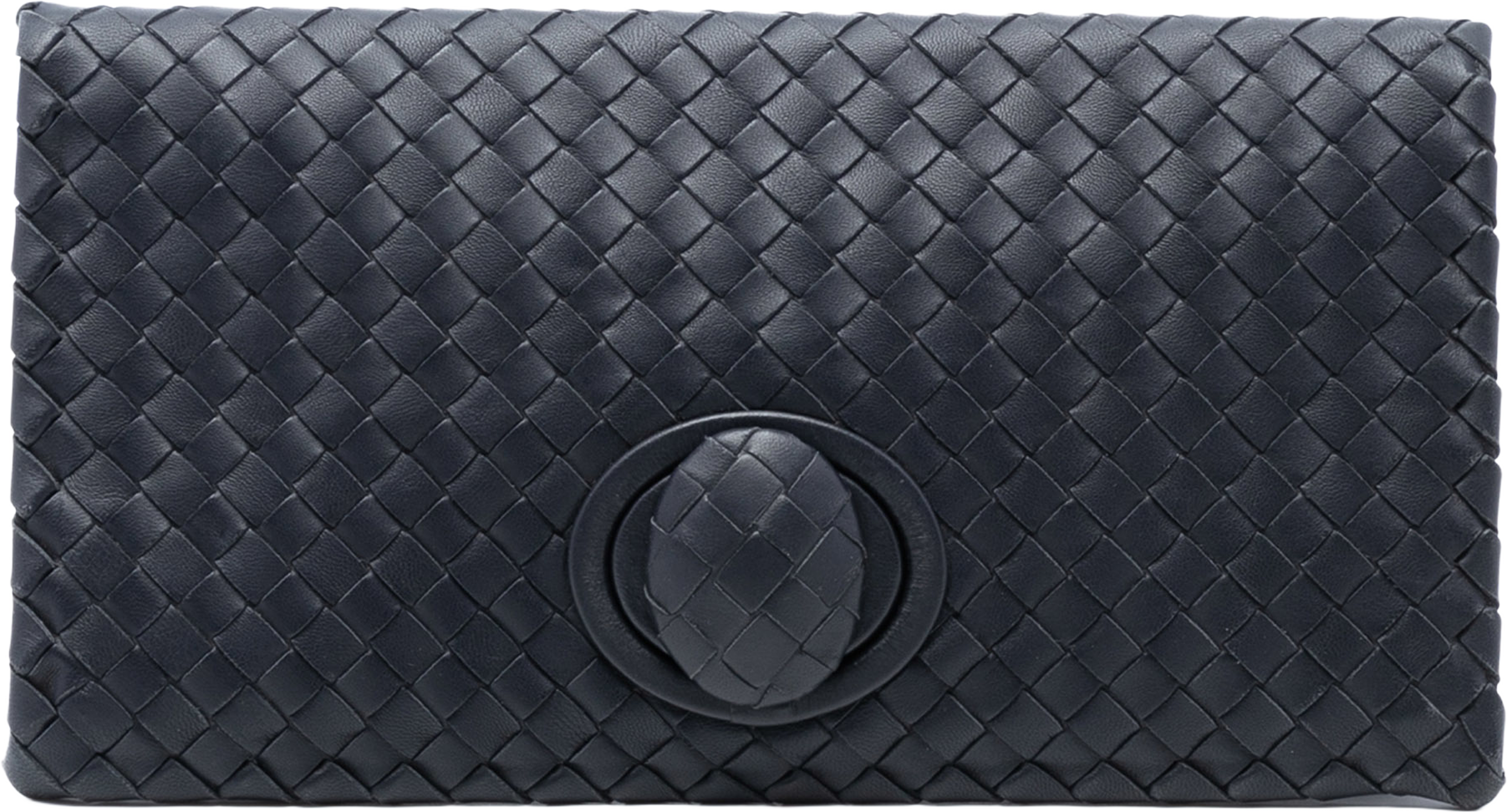 Bottega Veneta Nappa Intrecciato Turn Lock Clutch, från Luxclusif, i färgen charcoal. Klicka för att öppna bilden i stort format