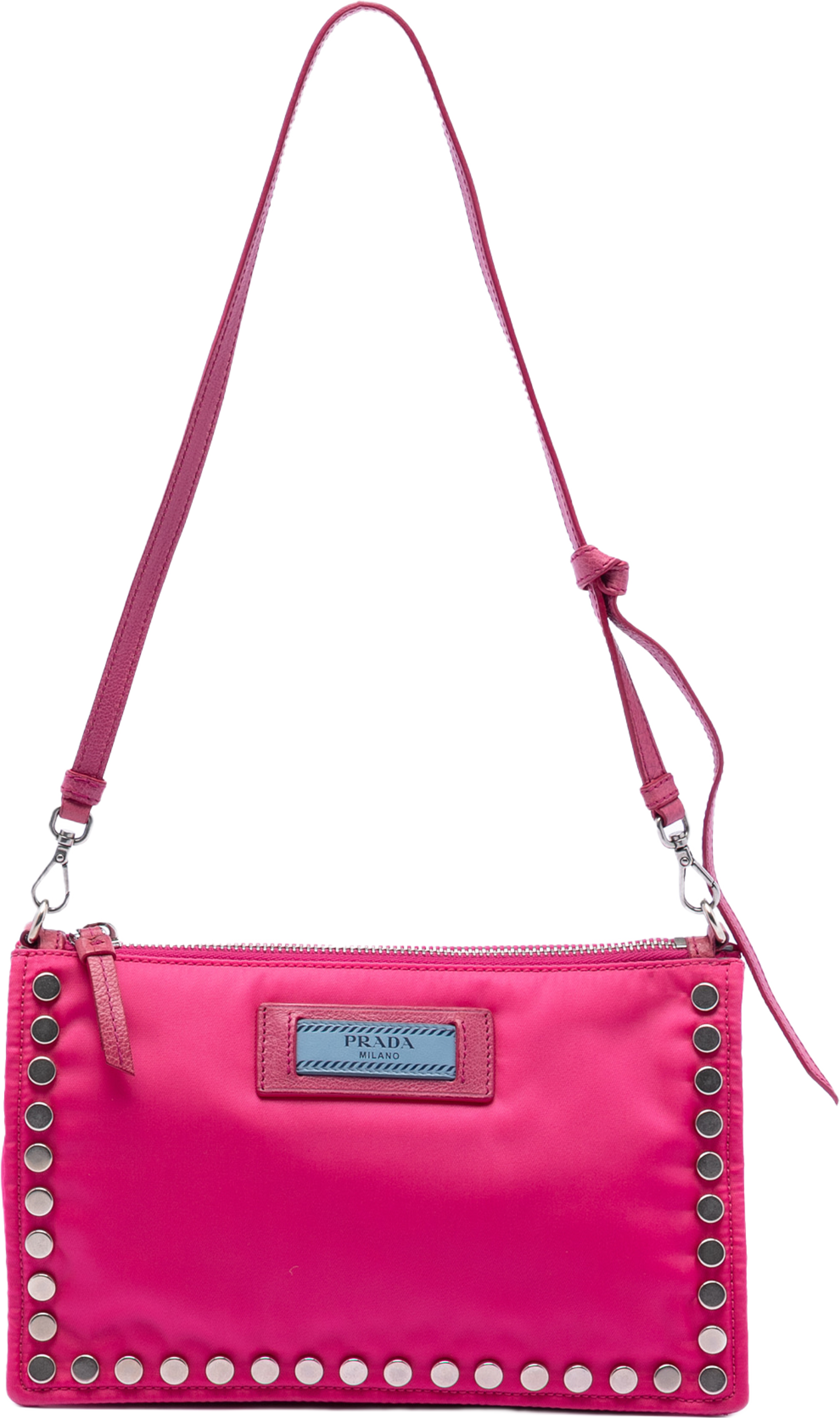 Prada Tessuto Studded Etiquette Shoulder Bag, från Luxclusif, i färgen pink. Klicka för att öppna bilden i stort format
